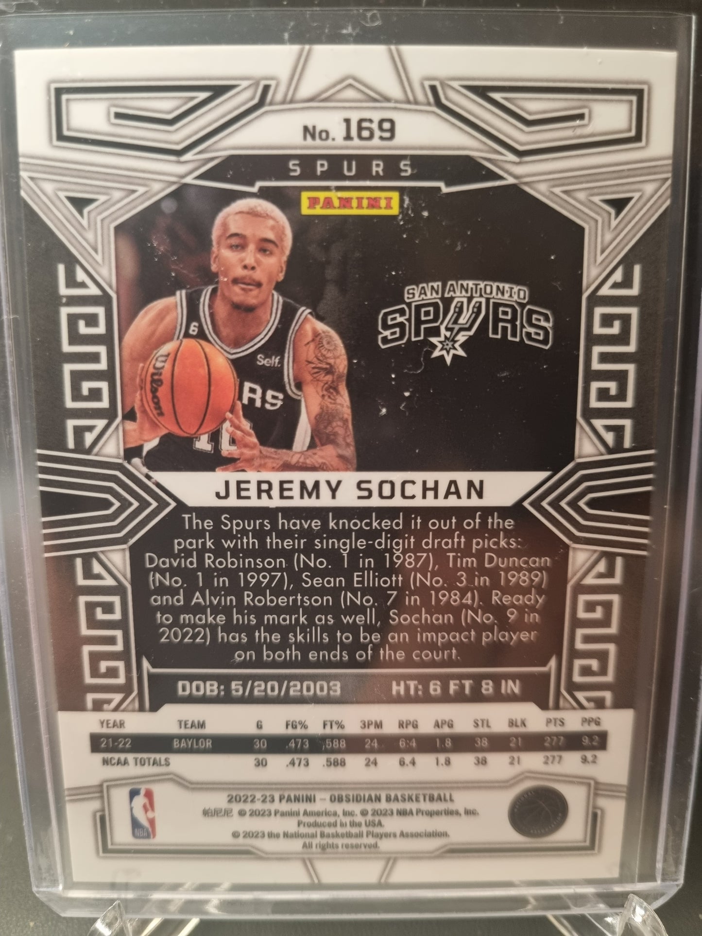 2022-23 Panini Obsidian #169 Jeremy Sochan Rookie Card