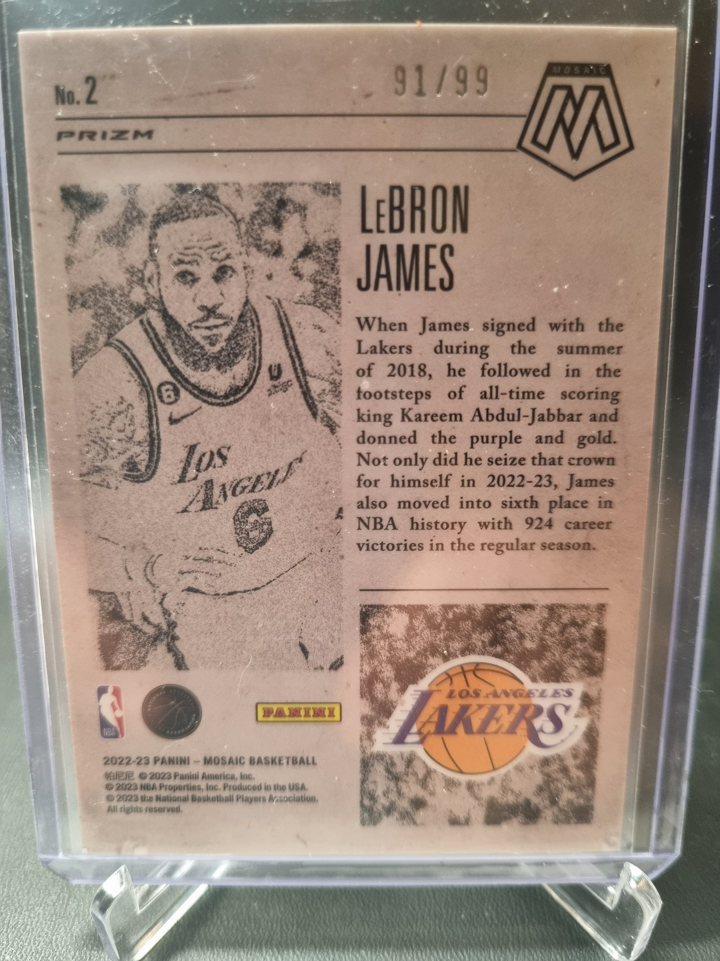 2022-23 Panini Mosaic #2 Lebron James Notoriety Mosaic Prizm Purple 91/99