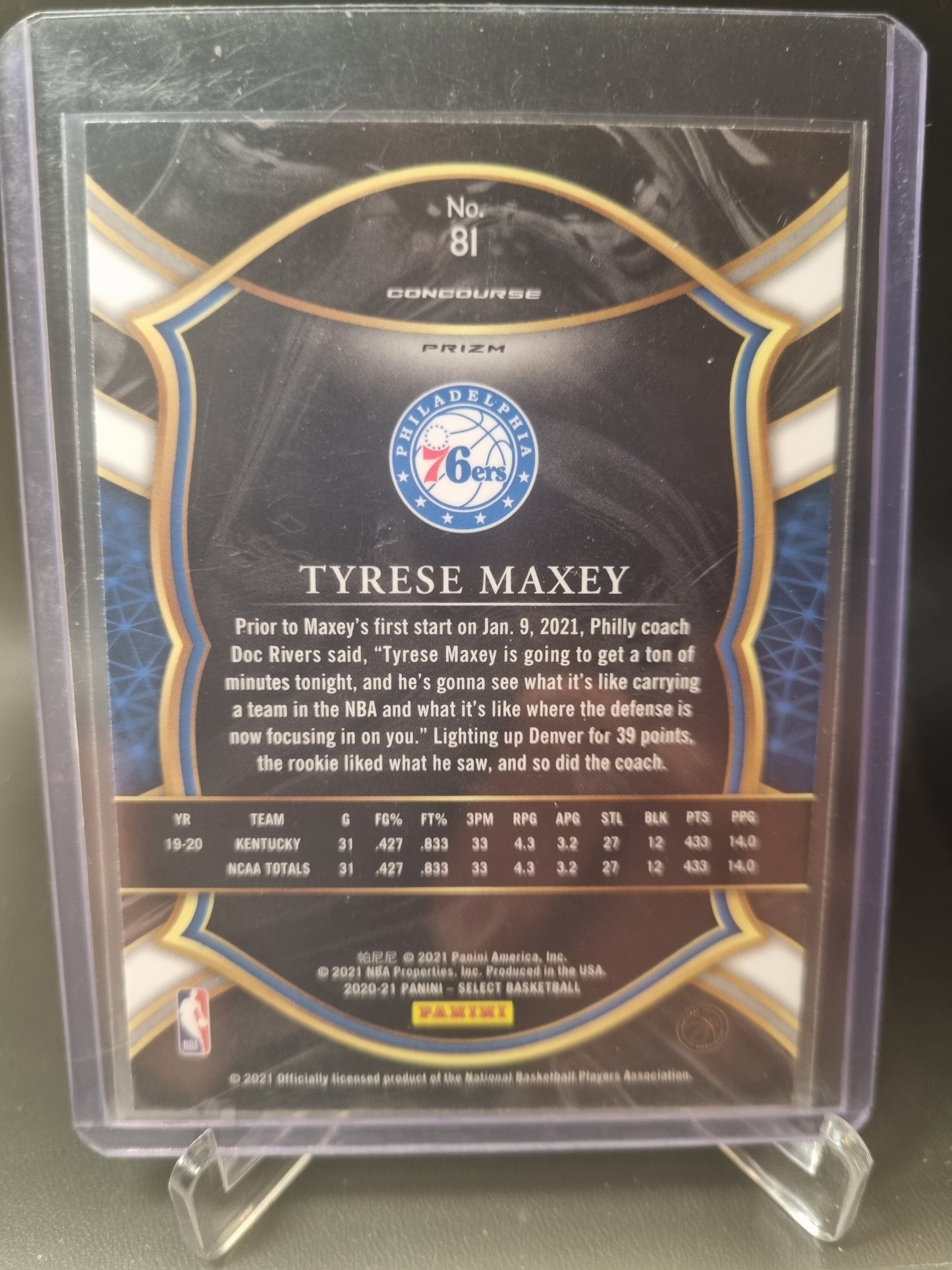 2020-21 Panini Select #81 Tyrese Maxey Rookie Card Concourse Blue Cracked Ice