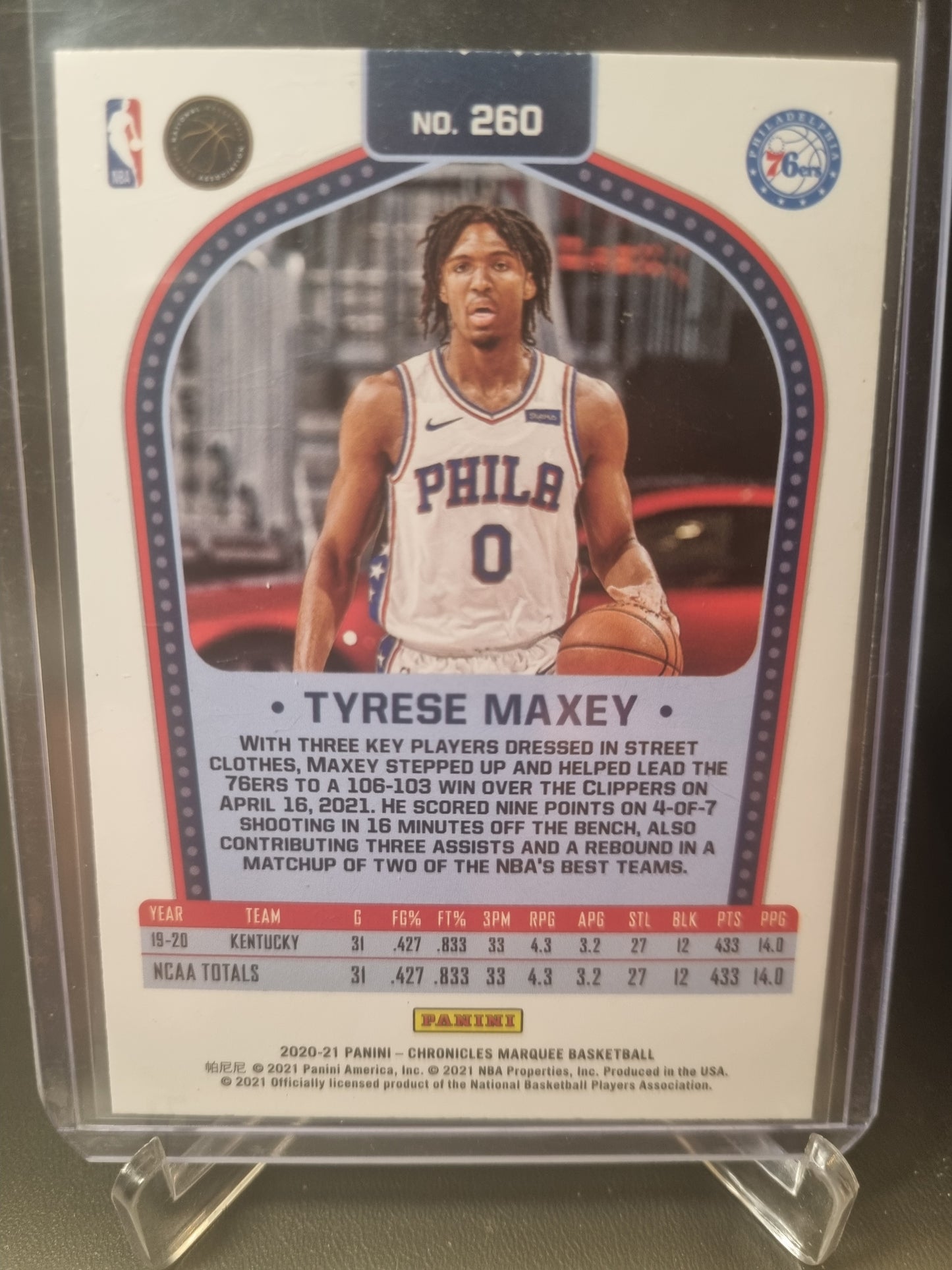 2020-21 Panini Chronicles #260 Tyrese Maxey Rookie Card Marquee