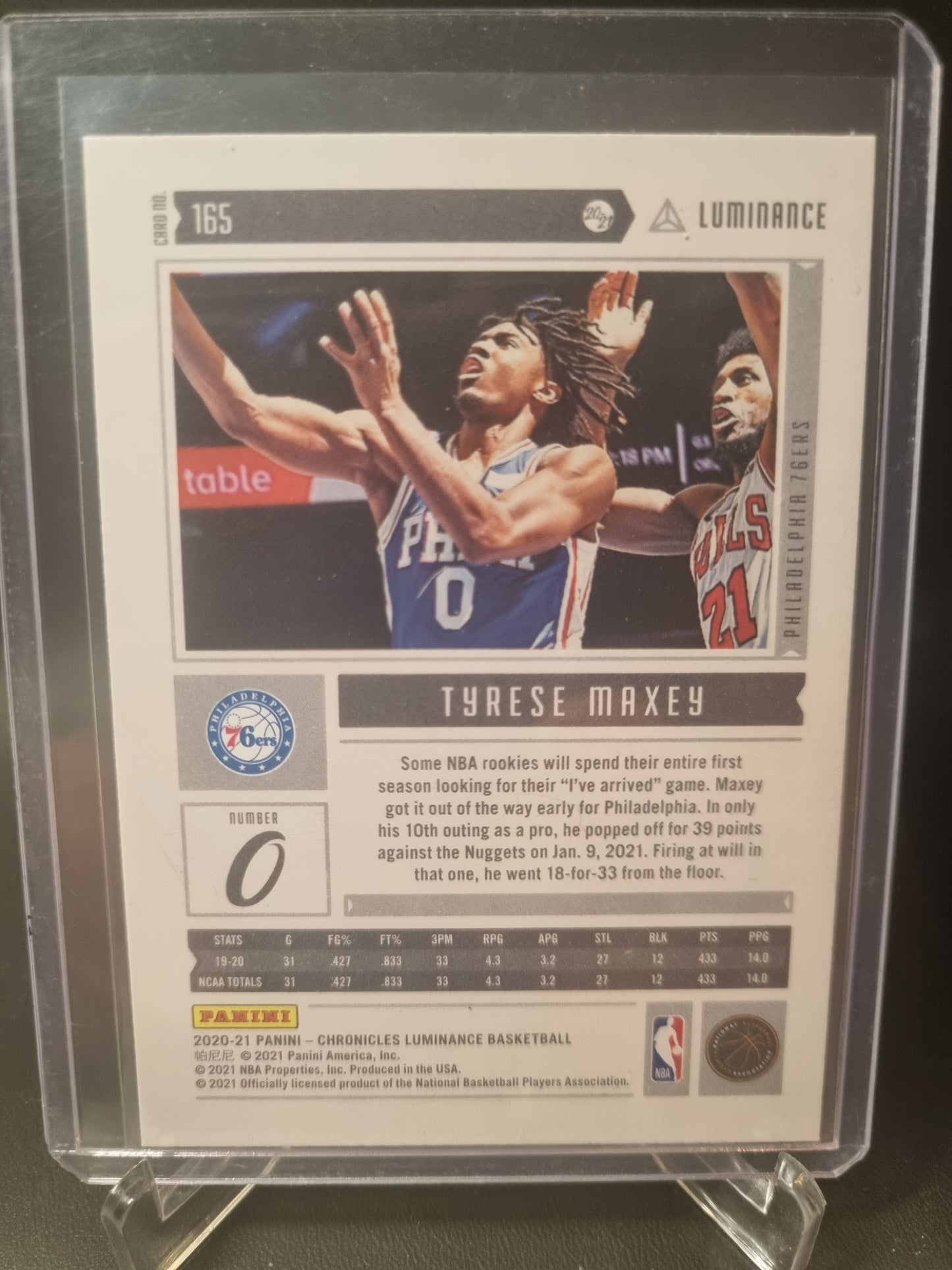 2020-21 Panini Chronicles Luminance #165 Tyrese Maxey Rookie Card Luminance