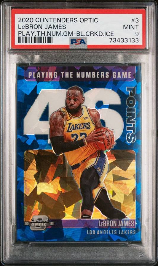 Lebron James Playing The Numbers Game Blue Cracked Ice PSA 9 Mint