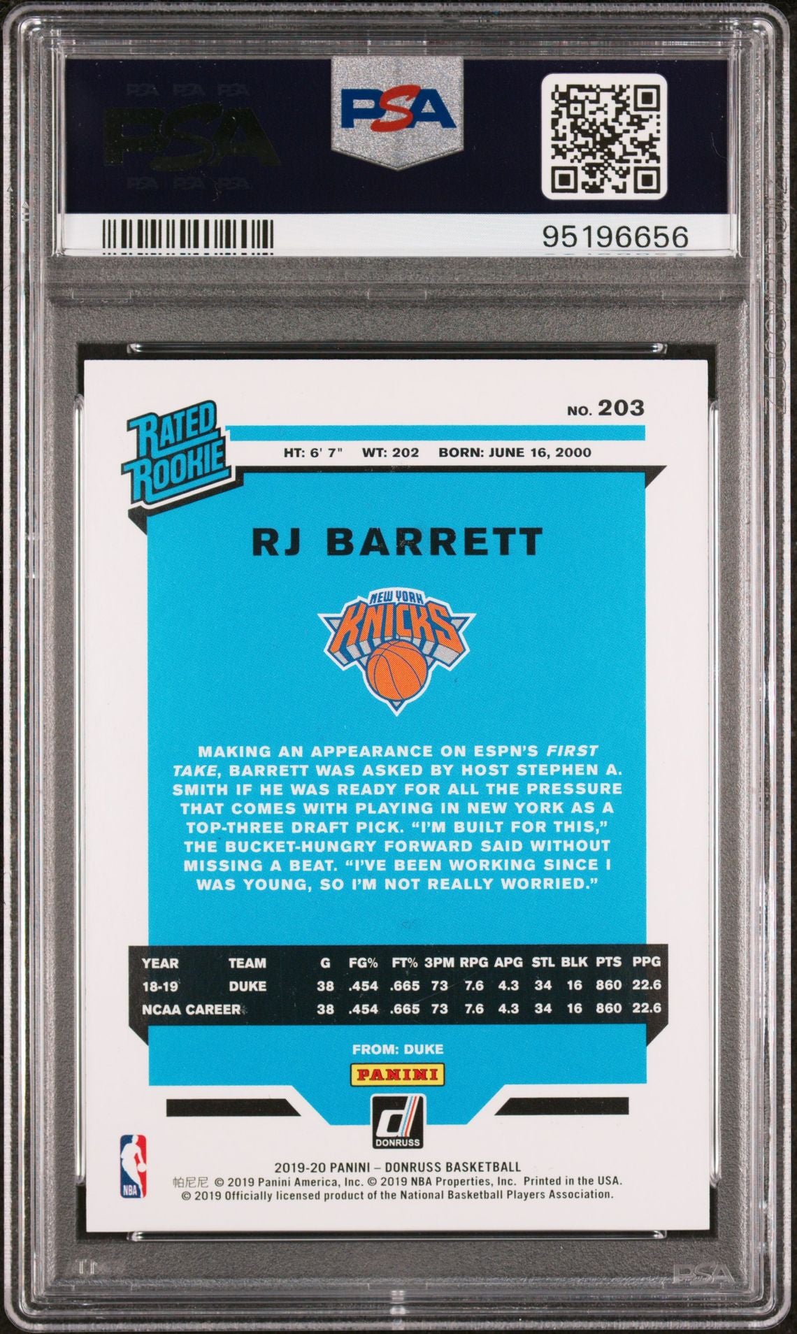 2019-20 Panini Donruss #203 RJ Barrett Rookie Card Rated Rookie Yellow Laser Prizm 24/25 PSA9 Mint