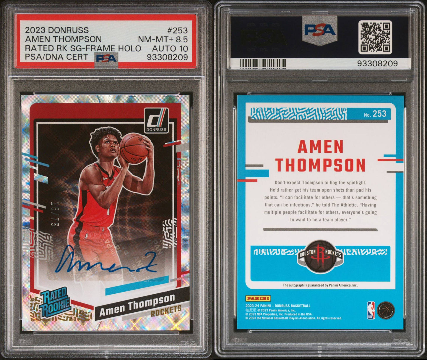 2023-24 Panini Donruss #253 Amen Thompson Rated Rookie Signature Frame Holo Autograph 16/75 PSA10 Autograph