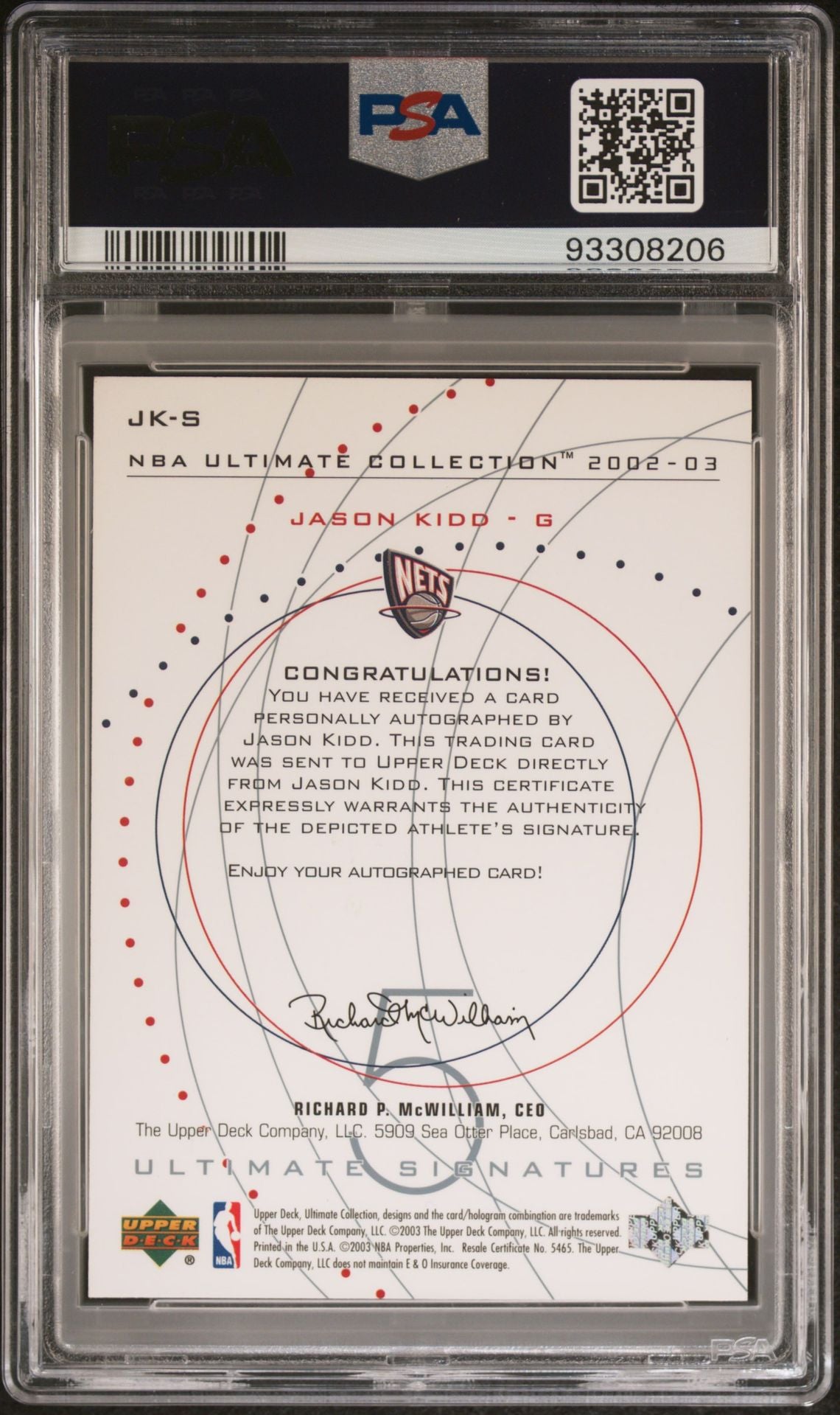 2002-03 Upper Deck #JK-S Jason Kidd Ultimate Signatures On Card Autograph PSA10 Auto