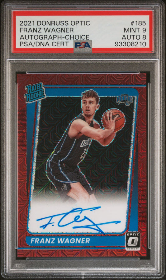 2021-22 Panini Donruss Optic Choice #185 Franz Wagner Rookie Card Rated Rookie On Card Autograph Red Prizm PSA8 Auto