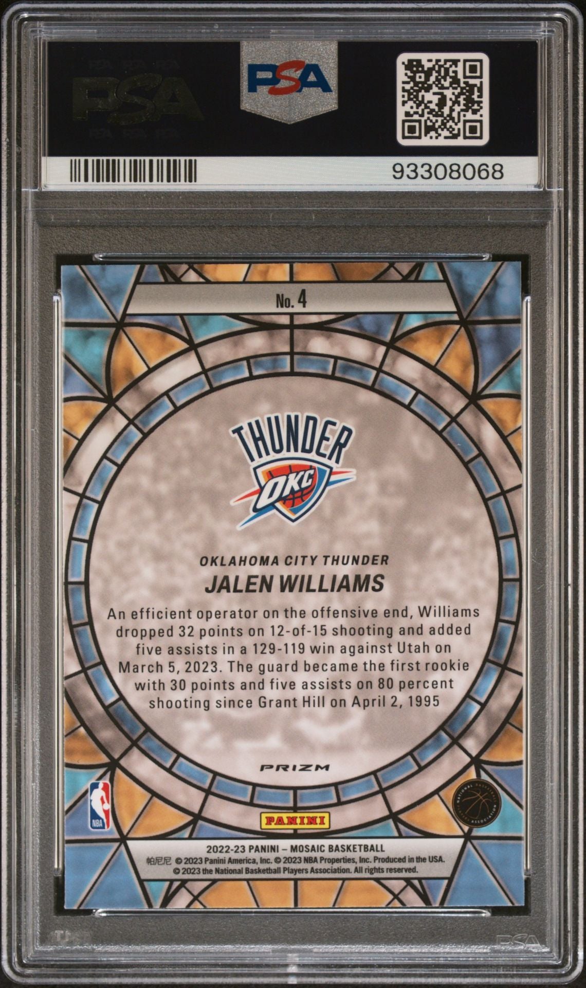 2022-23 Panini Mosaic #4 Jalen Williams Rookie Card Stained Glass Case Hit SP PSA9 Mint