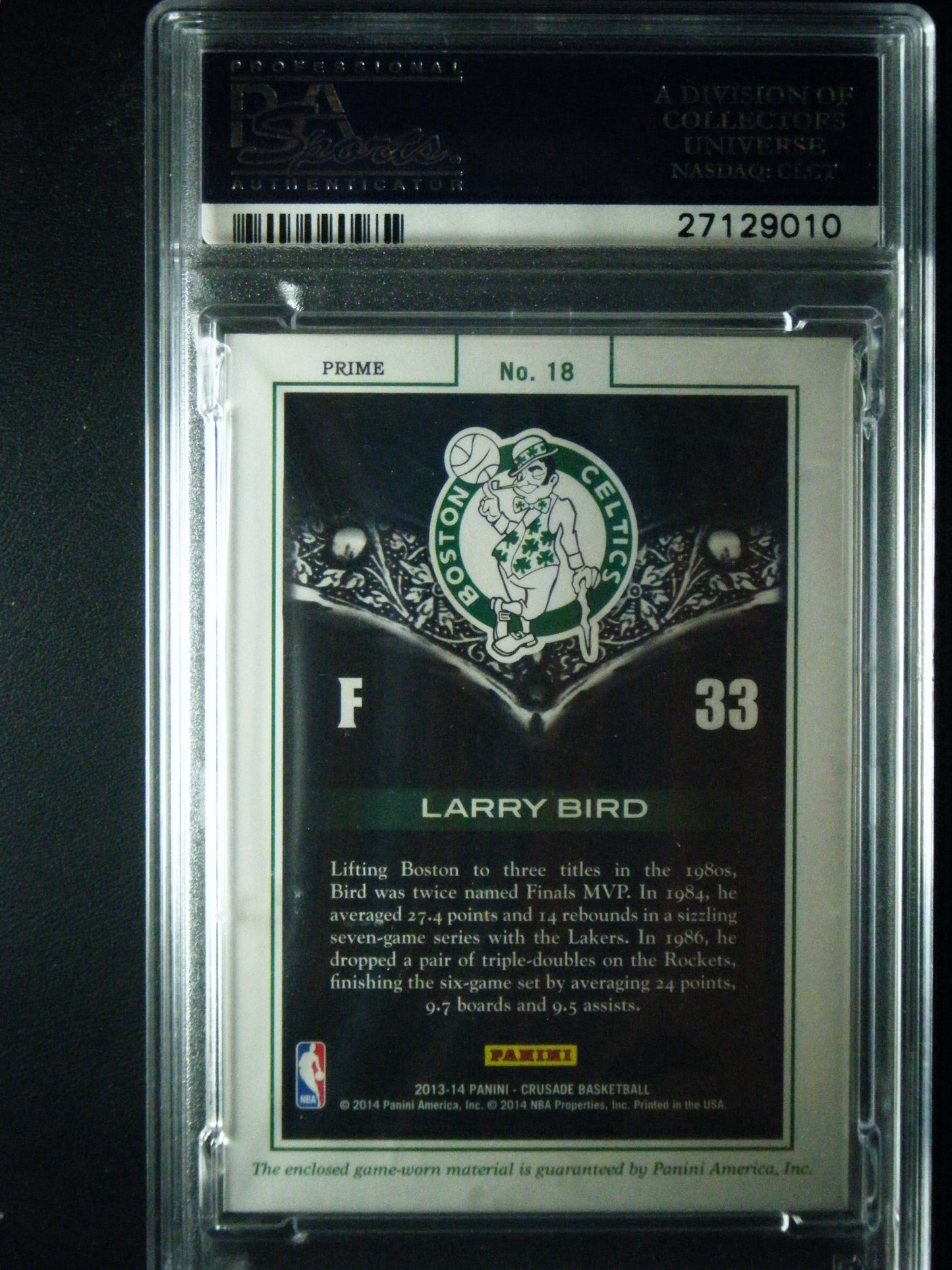 Larry Bird Panini Crusade Majestic Memorabilia - Prime Game Worn PSA 9 Mint