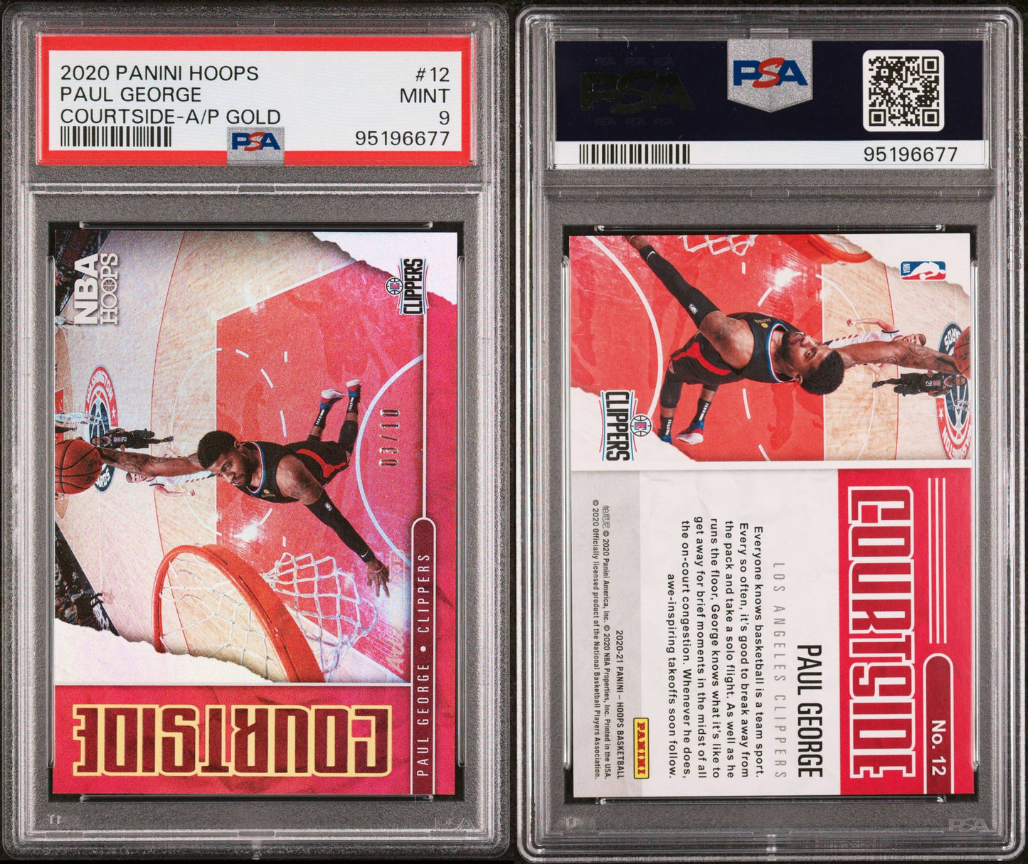 2020-21 Panini Hoops #12 Paul George Courtside Gold 03/10 PSA9 Mint