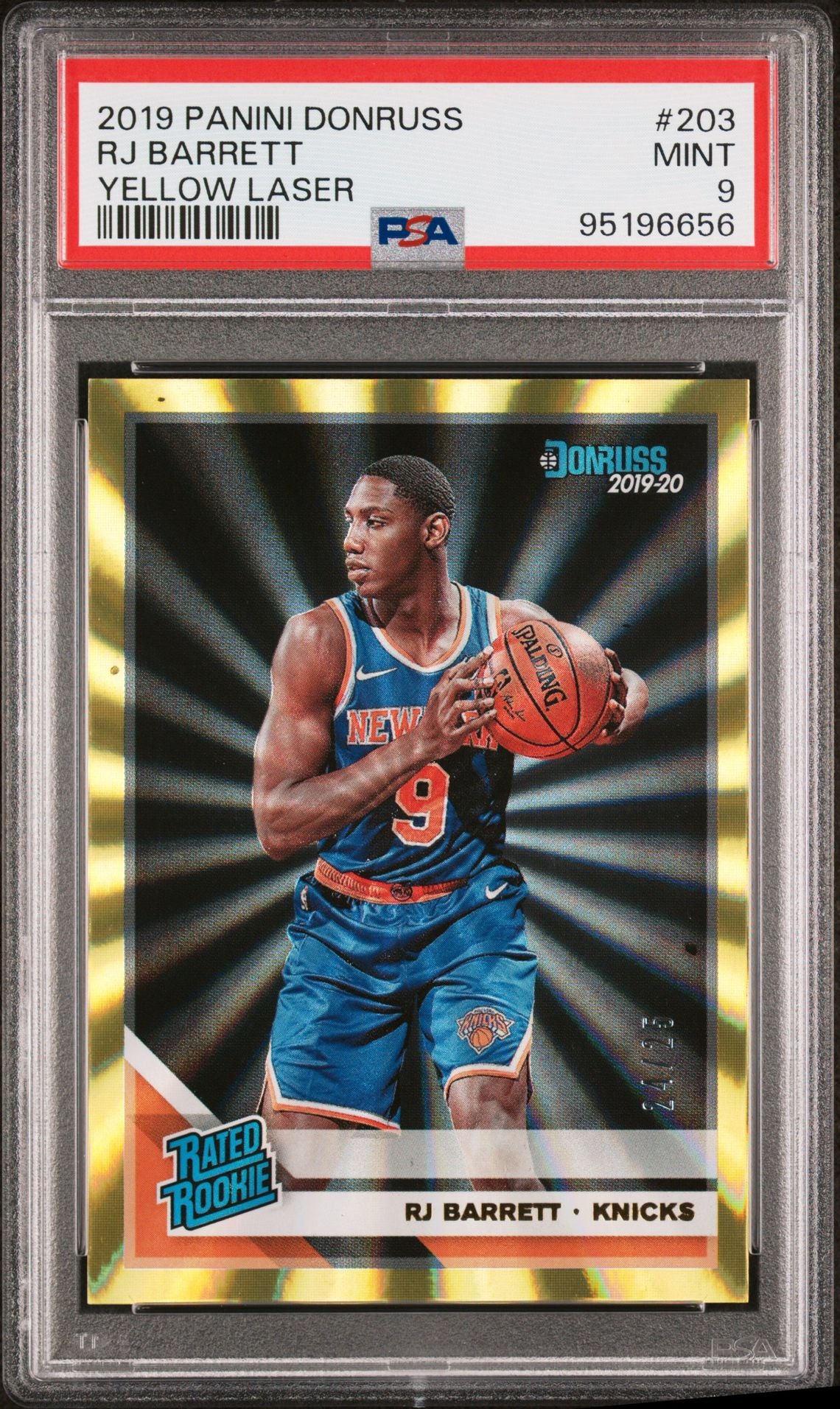 2019-20 Panini Donruss #203 RJ Barrett Rookie Card Rated Rookie Yellow Laser Prizm 24/25 PSA9 Mint