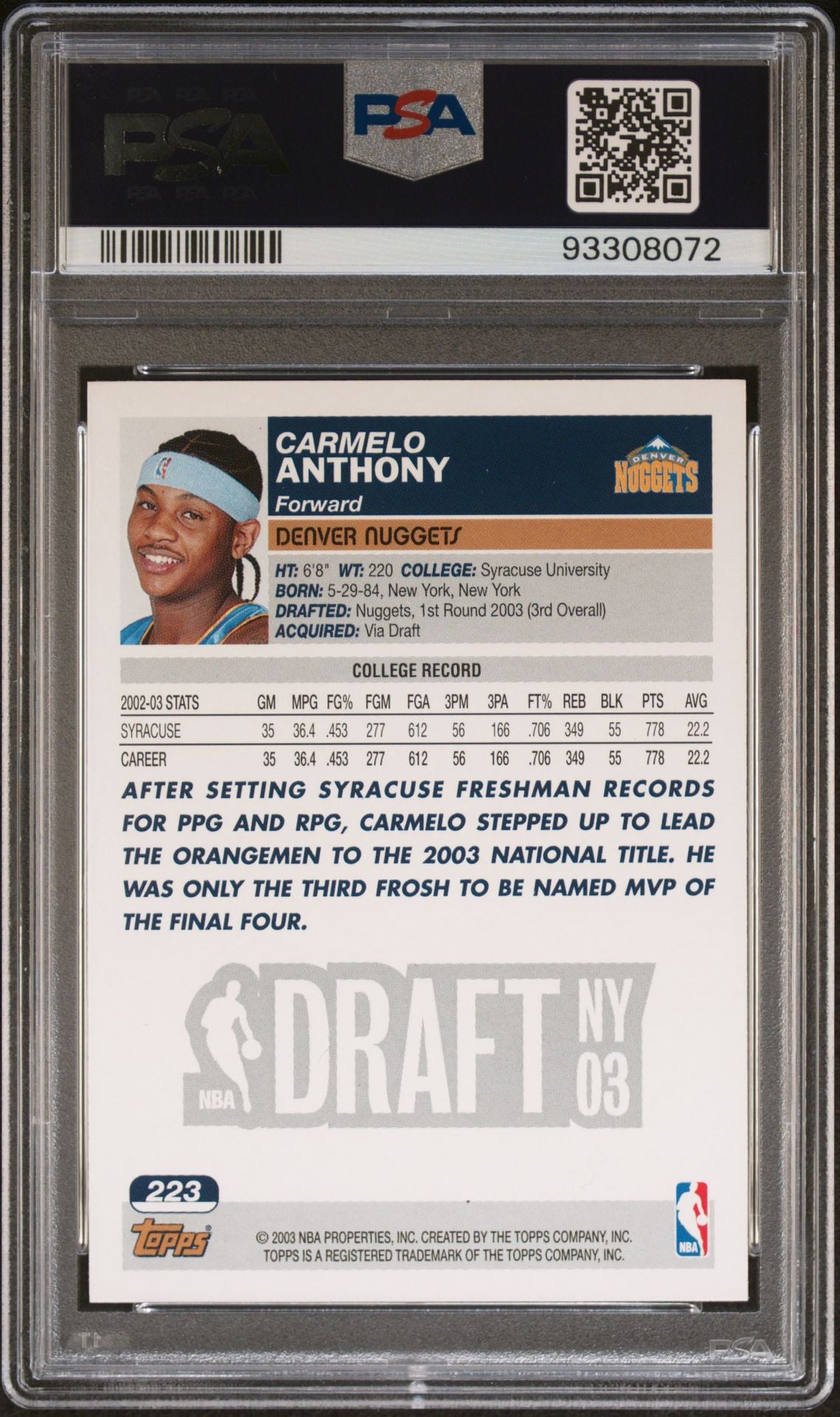 2003 Topps #223 Carmelo Anthony Rookie Card Draft Pick 3 PSA9 Mint