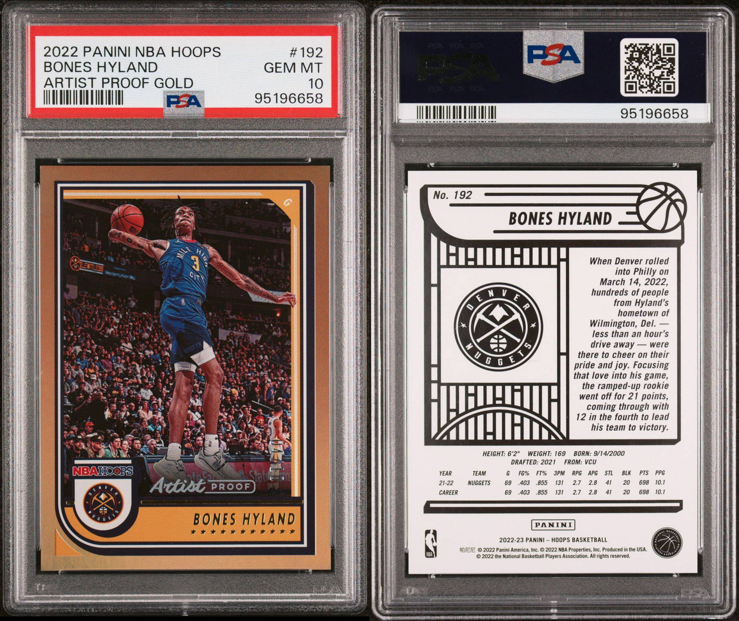 2022-23 Panini Hoops #192 Bones Hyland Artist Proof Gold 04/10 PSA10 Gem Mint