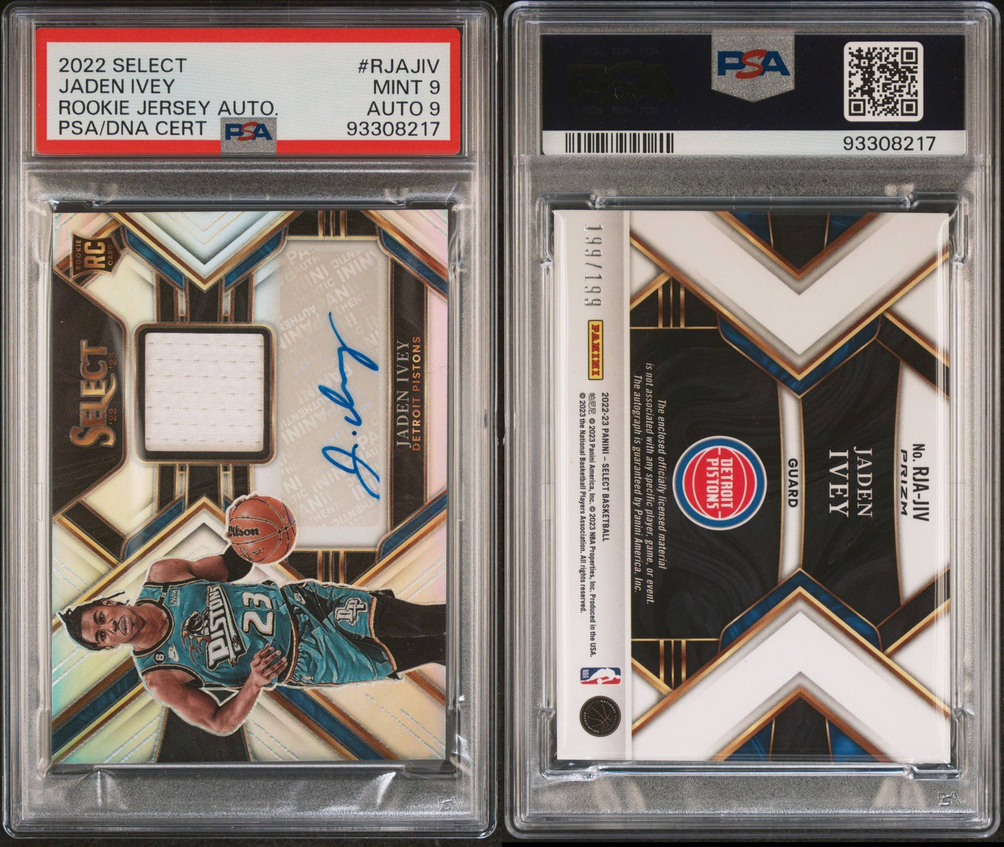 2022-23 Panini Select #RJA-JIV Jaden Ivey Rookie Patch Autograph Silver 199/199 PSA9 Auto