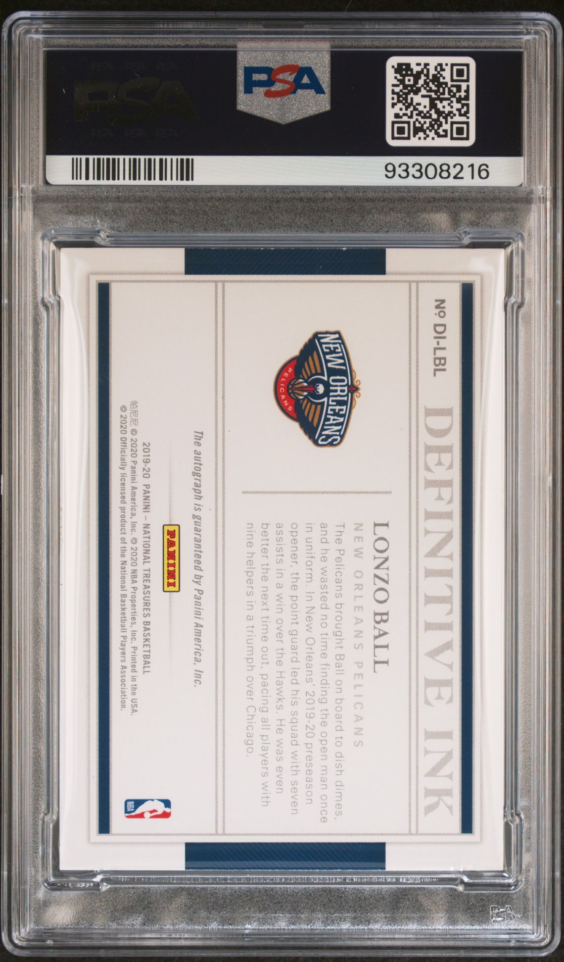 2019-20 National Treasures #DL-LBL Lonzo Ball Definitive Ink On Card Autograph 13/35 PSA10 Auto