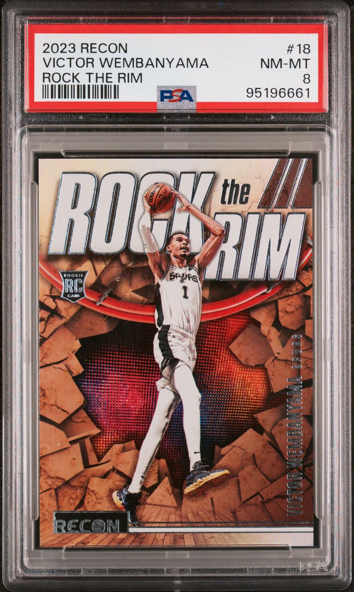 2023-24 Panini Recon #18 Victor Wembanyama Rock The Rim Holo PSA8 NM-MT