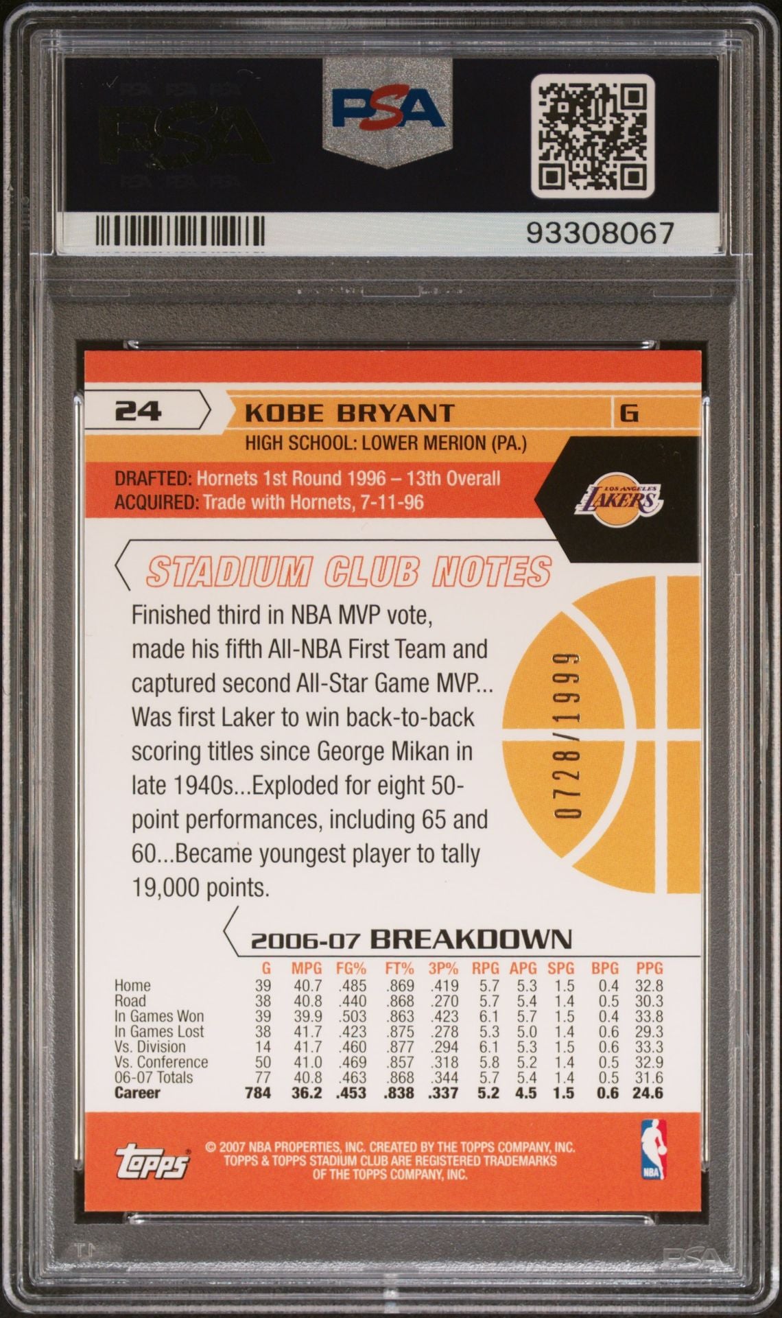 2007 Topps Stadium Club #24 Kobe Bryant 1st Day Issue 0728/1999 PSA9 Mint