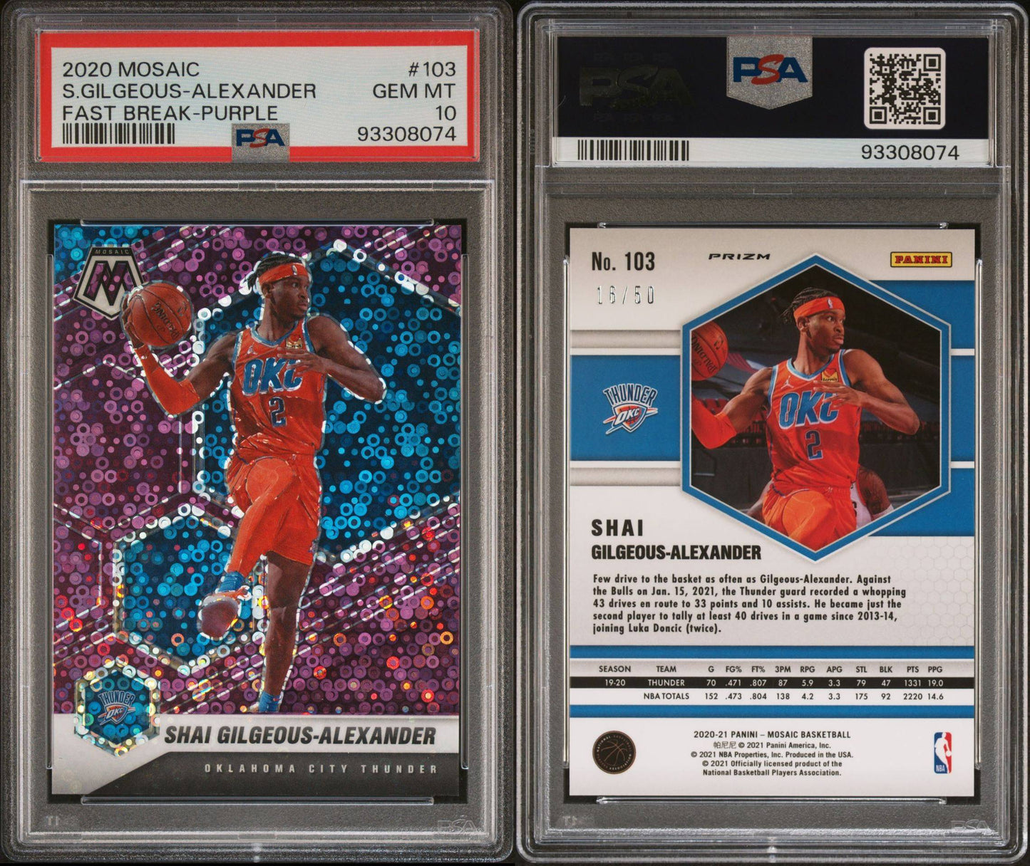 2020-21 Panini Mosaic #103 Shai Gilgeous-Alexander Fastbreak Prizm 16/50 PSA10 Gem Mint