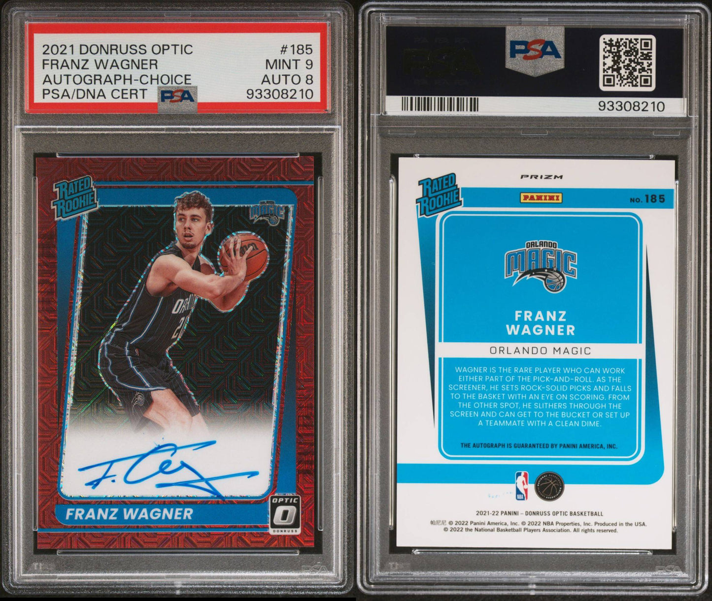 2021-22 Panini Donruss Optic Choice #185 Franz Wagner Rookie Card Rated Rookie On Card Autograph Red Prizm PSA8 Auto