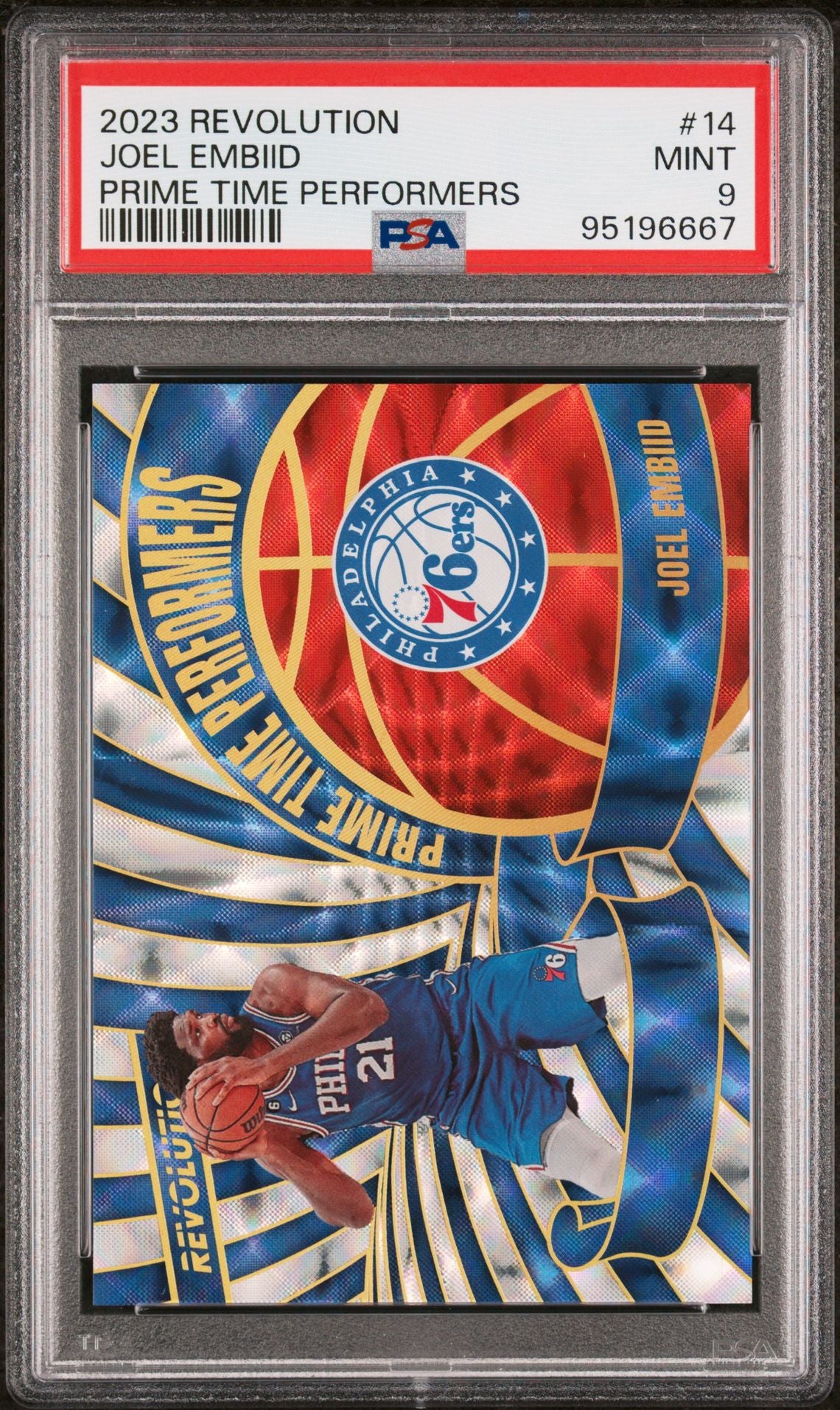 2023-24 Panini Revolution #14 Joel Embiid Prime Time Performers SSP Case Hit PSA9 Mint