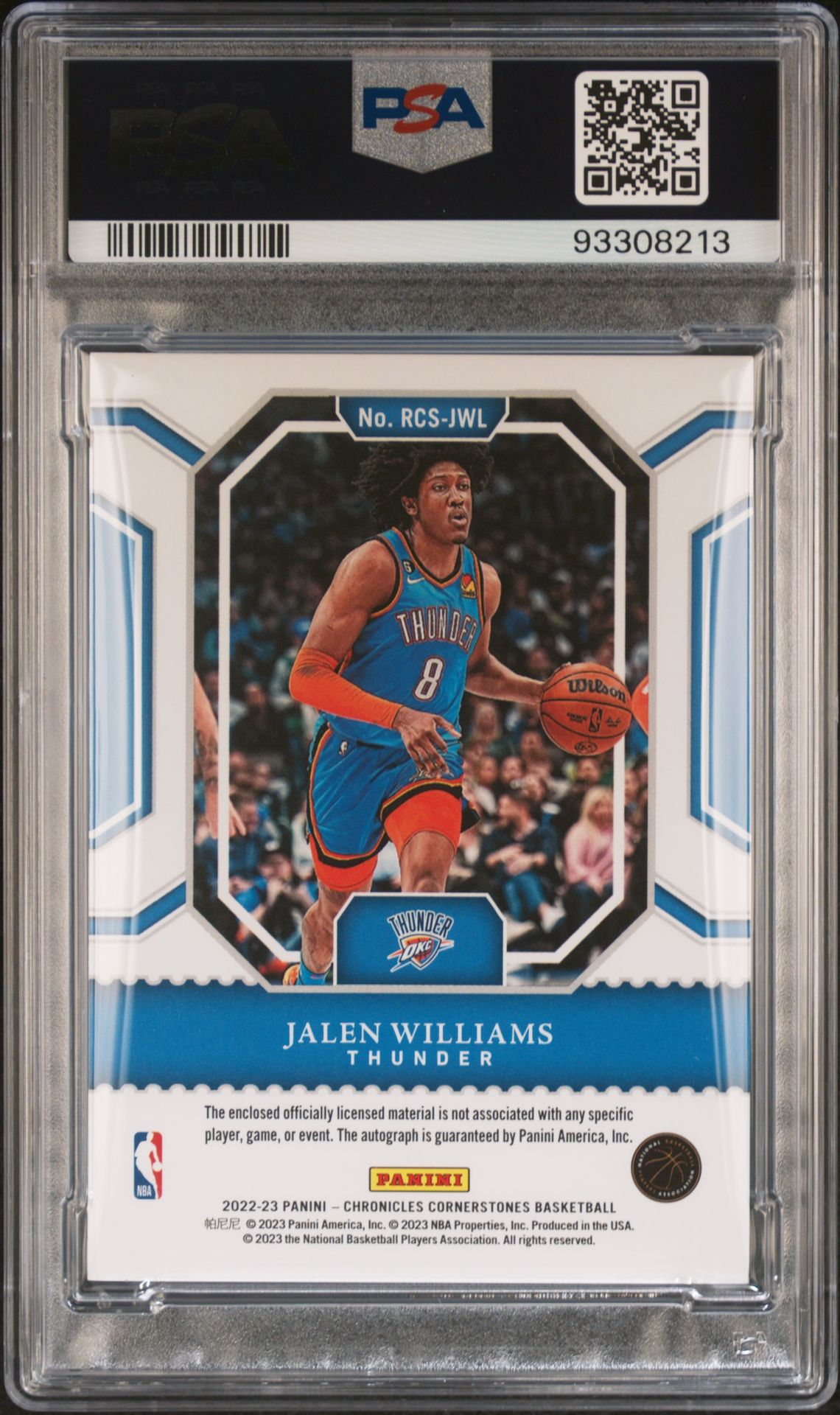 2022-23 Panini Chronicles Cornerstones #RCS-JWL Jalen Williams Rookie Cornerstones Asia Jade Patch Autograph PSA10 Auto