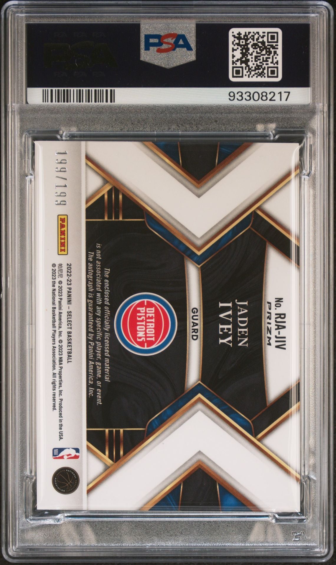 2022-23 Panini Select #RJA-JIV Jaden Ivey Rookie Patch Autograph Silver 199/199 PSA9 Auto