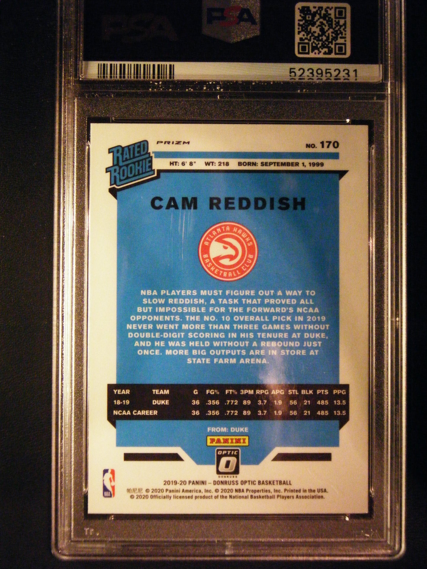 Cam Reddish Panini Donruss Optic Hyper Pink PSA 10 Gem Mint