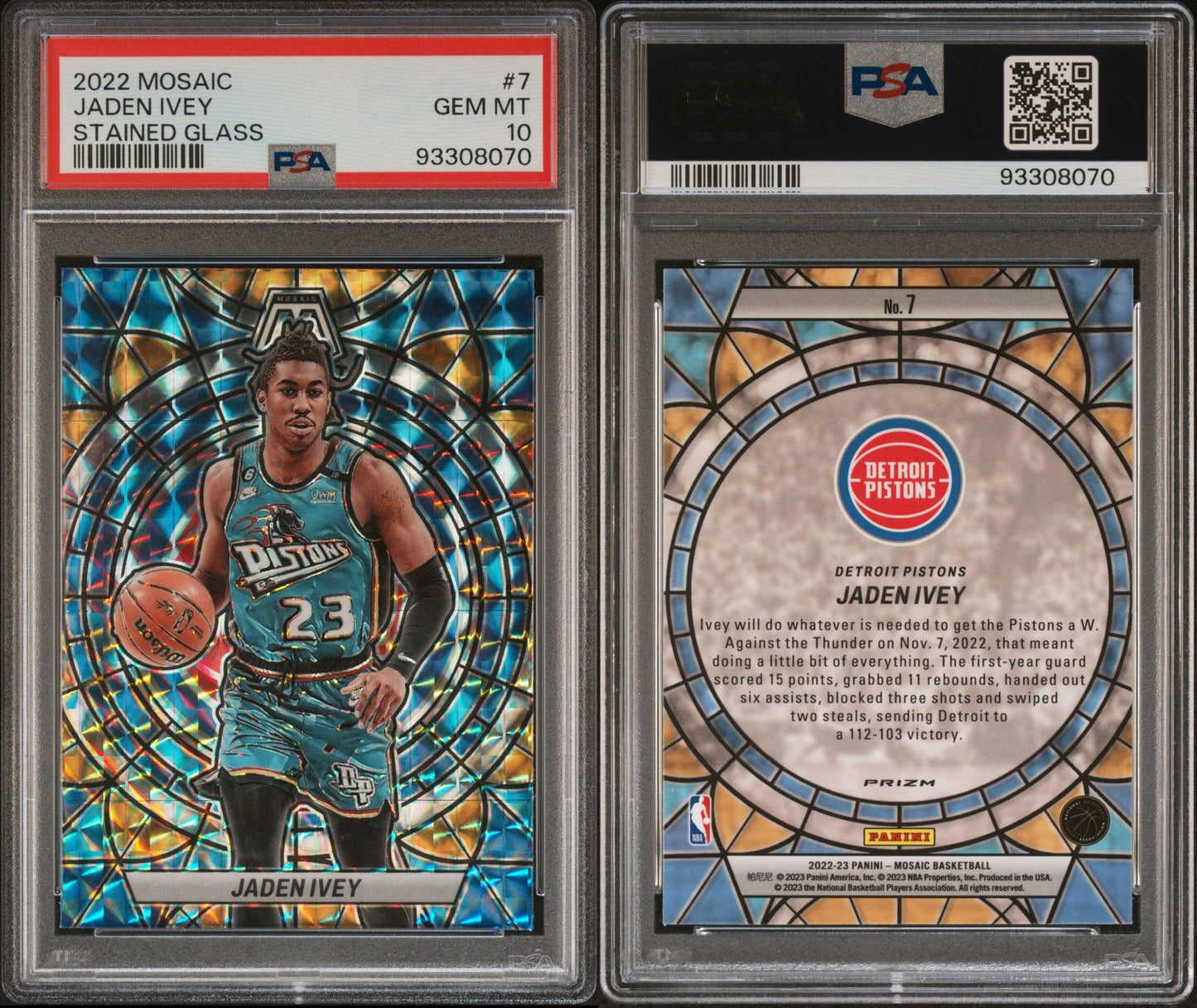 2022-23 Panini Mosaic #7 Jaden Ivey Rookie Card Stained Glass Case Hit SP PSA10 Gem Mint