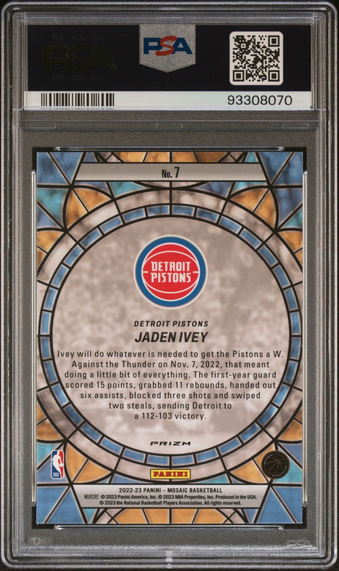 2022-23 Panini Mosaic #7 Jaden Ivey Rookie Card Stained Glass Case Hit SP PSA10 Gem Mint