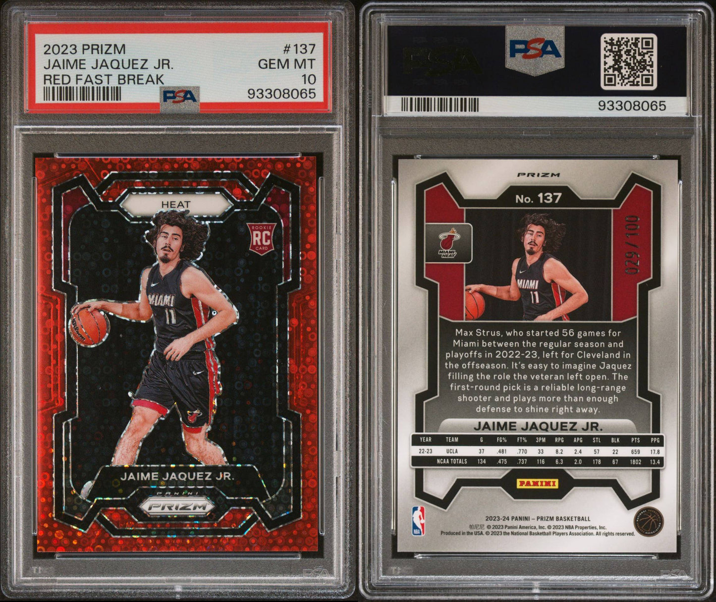 2023-24 Panini Prizm #137 Jamie Jaquez JR Rookie Card Red Fastbreak Prizm 029/100 PSA10 Gem Mint