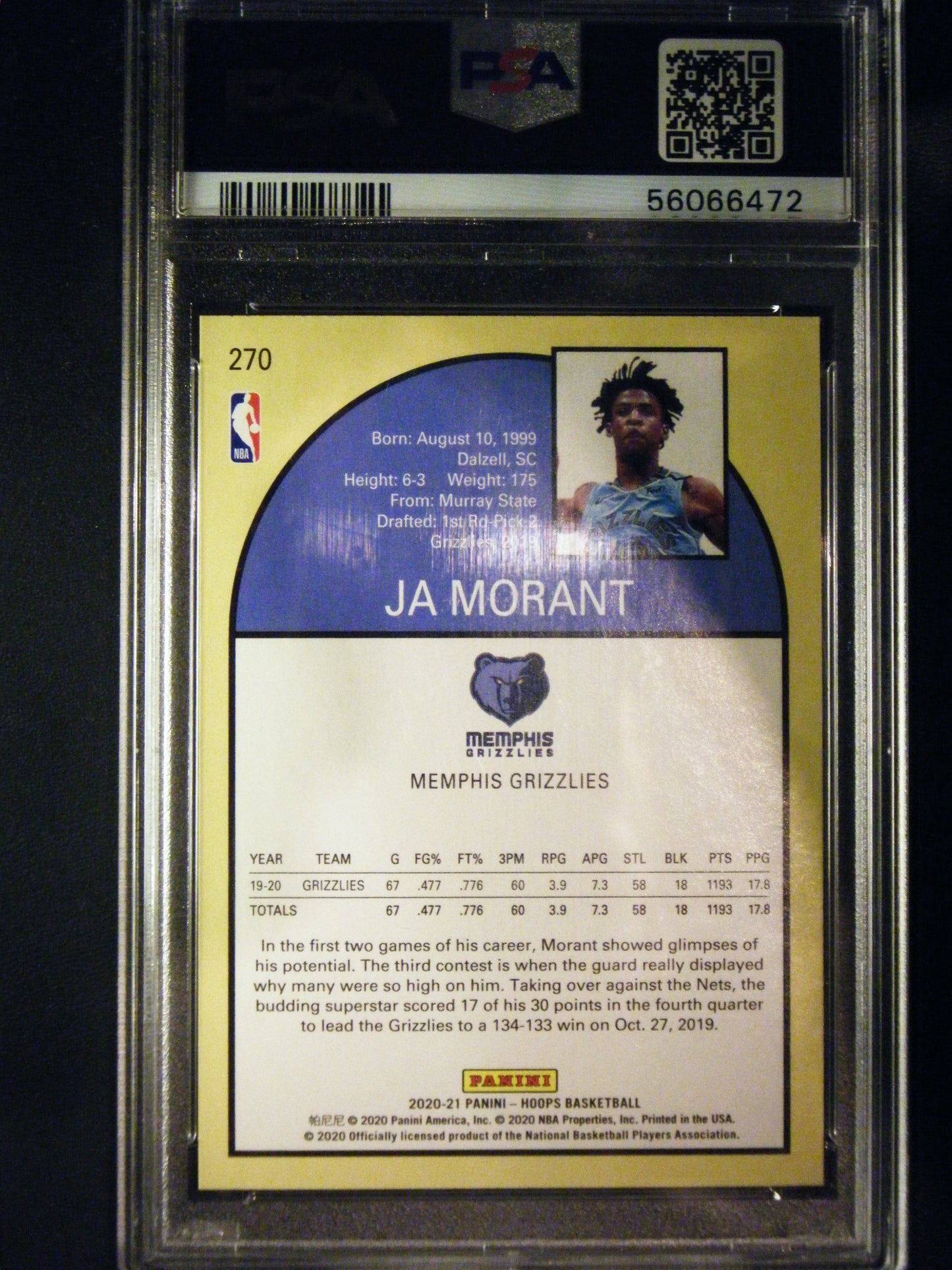 JA Morant Panini Hoops Tribute PSA 10 Gem Mint