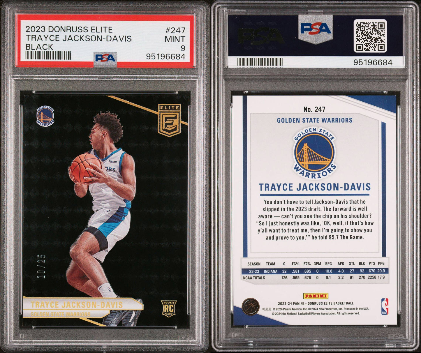 2023-24 Panini Donruss Elite #247 Trayce Jackson-Davis Rookie Card Elite Black 10/25 PSA9 Mint