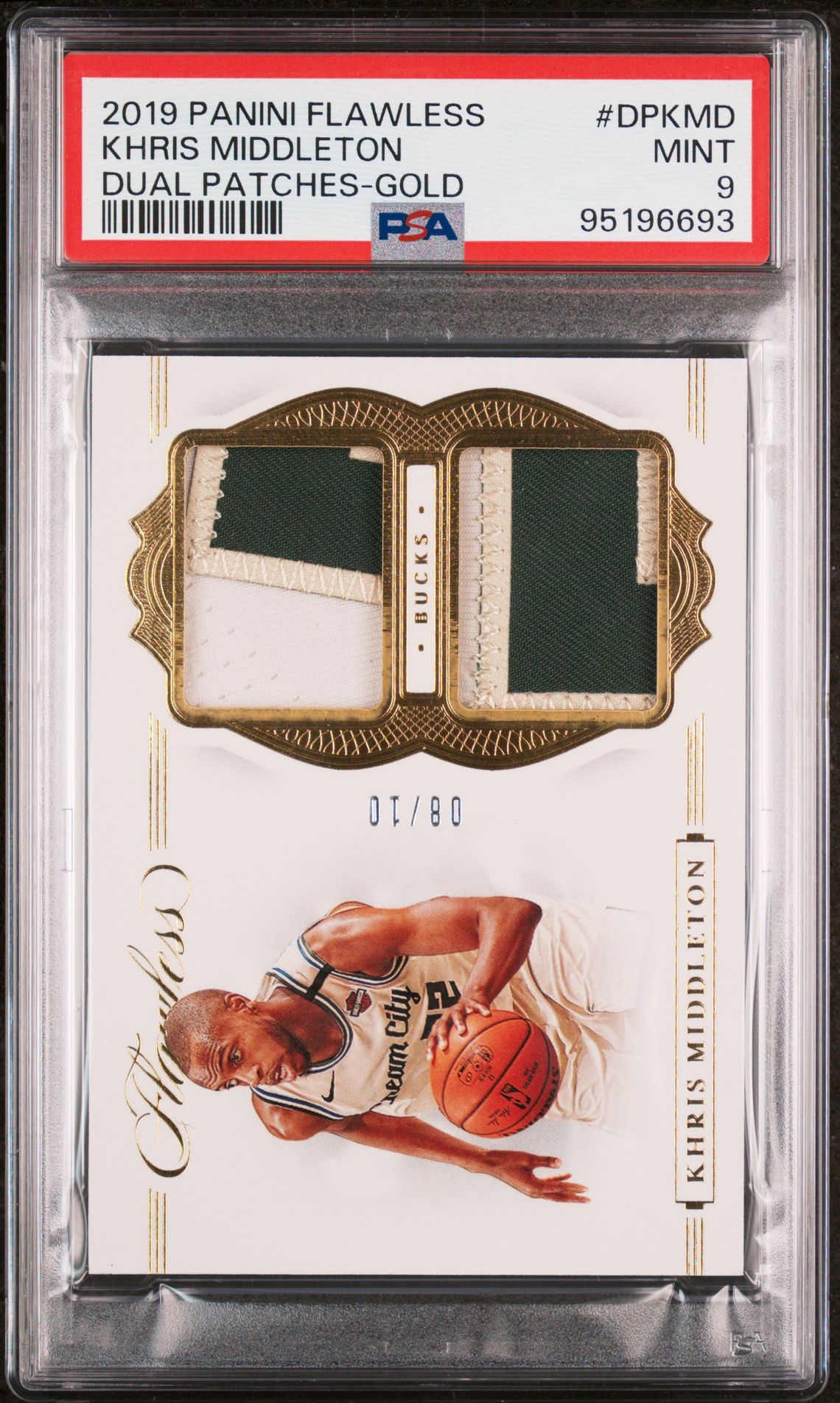 2019-20 Panini Flawless # DP-KMD Khris Middleton Duel Game Worn Patch Gold 08/10 PSA9 Mint