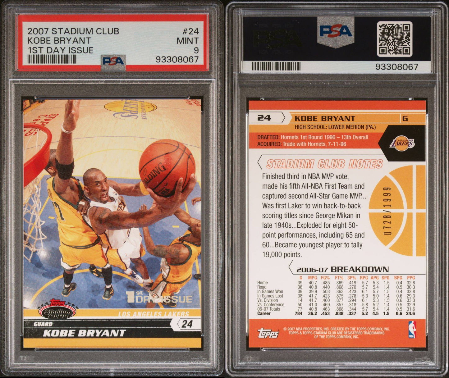 2007 Topps Stadium Club #24 Kobe Bryant 1st Day Issue 0728/1999 PSA9 Mint