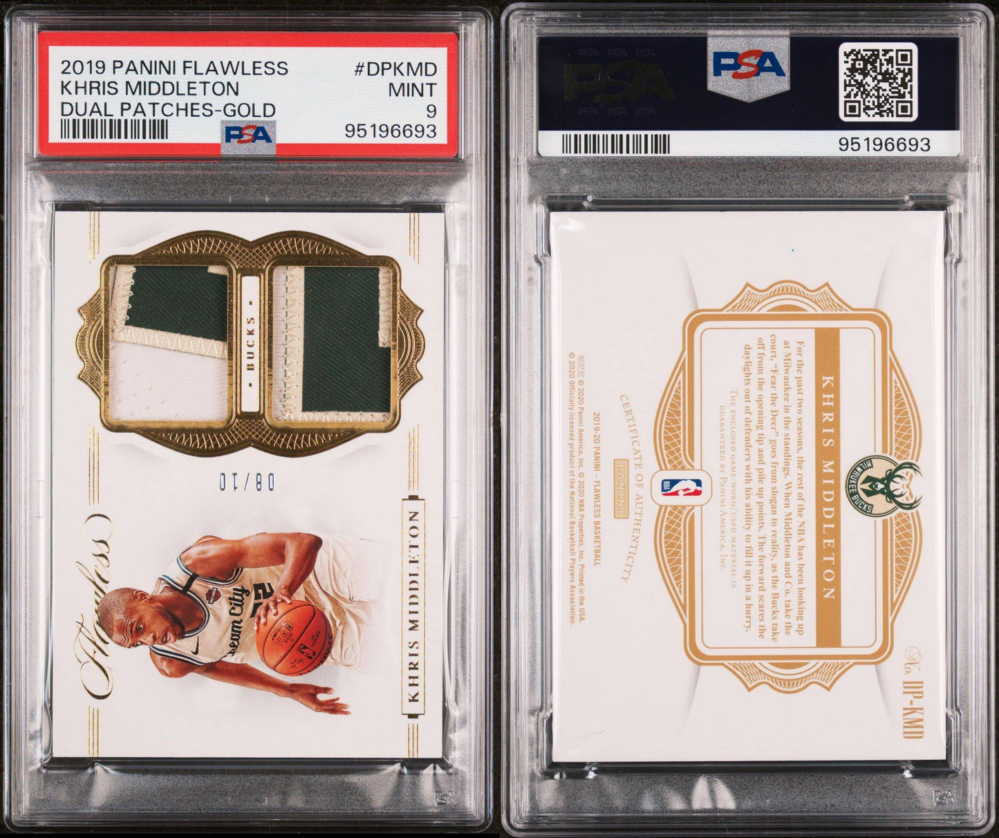 2019-20 Panini Flawless # DP-KMD Khris Middleton Duel Game Worn Patch Gold 08/10 PSA9 Mint