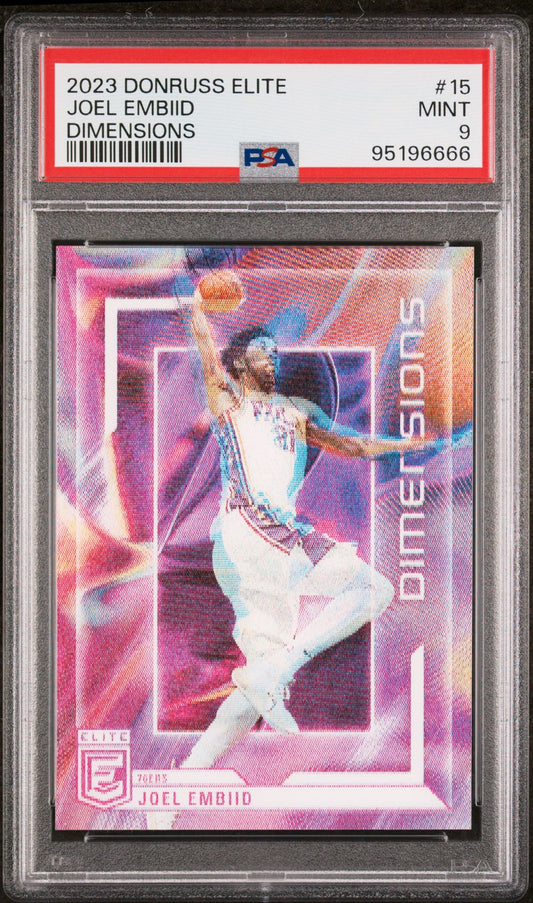 2023-24 Panini Donruss Elite #15 Joel Embiid Dimensions Case Hit SSP PSA9 Mint