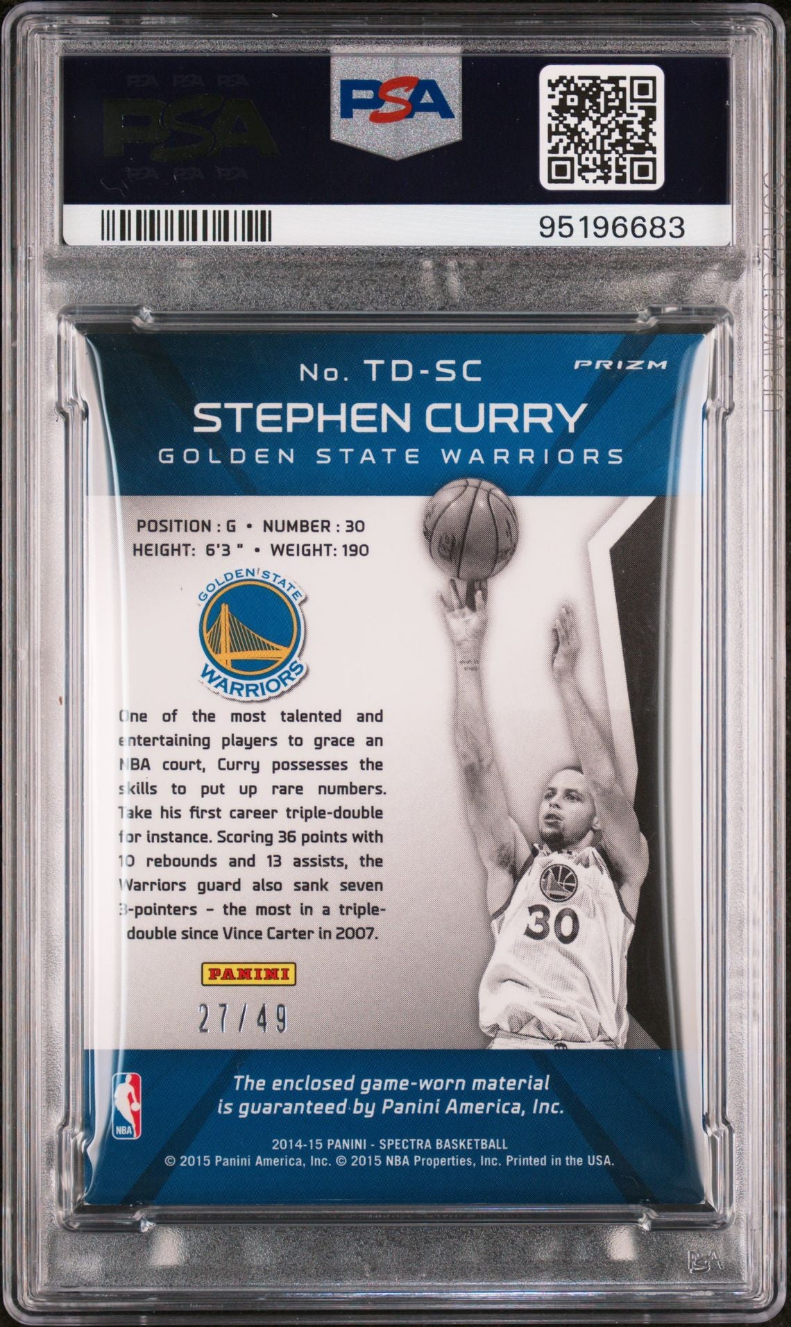 2014-15 Panini Spectra #TD-SC Stephen Curry Triple-Double Threads Triple Game Worn Patches 27/49 PSA8 NM-MT