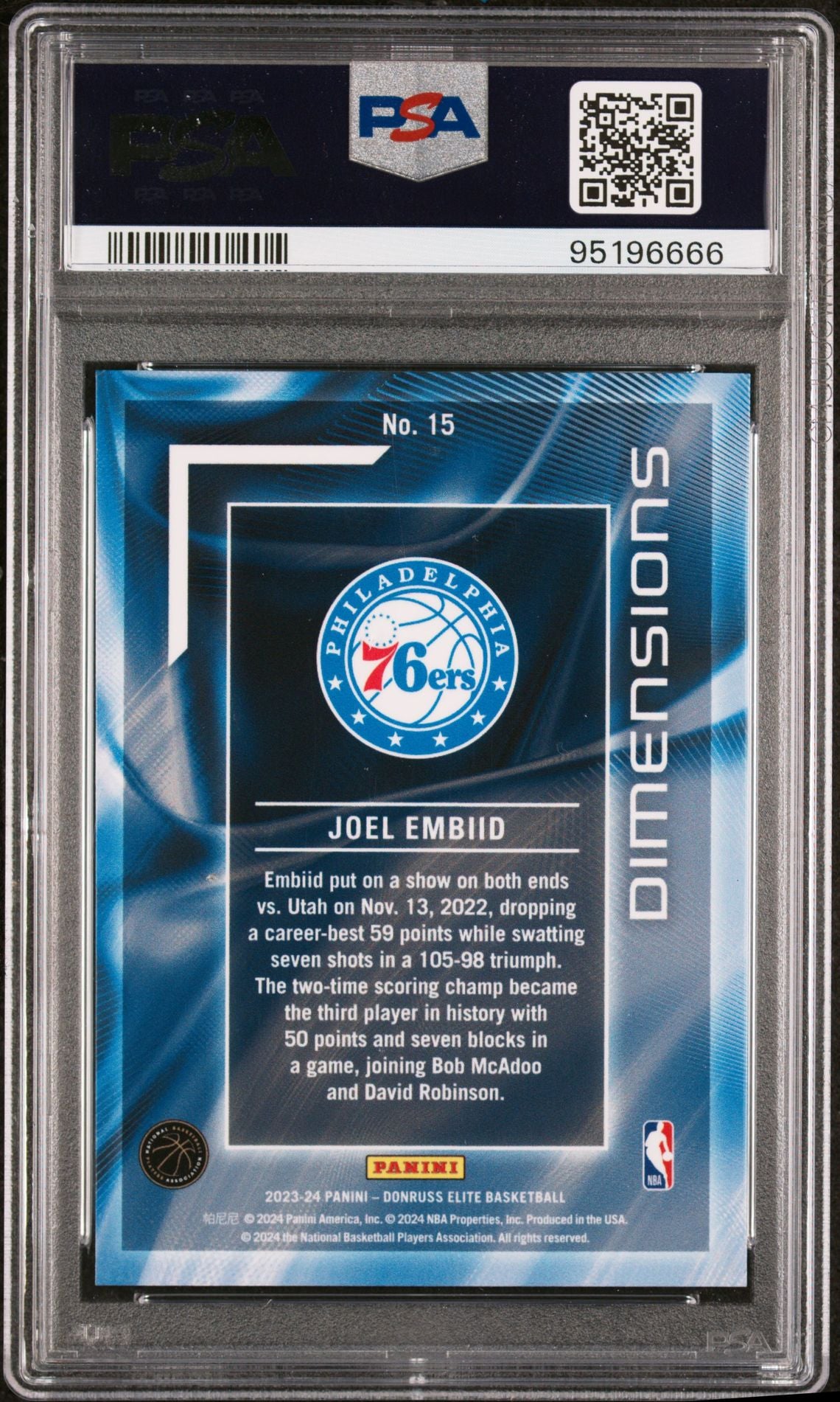 2023-24 Panini Donruss Elite #15 Joel Embiid Dimensions Case Hit SSP PSA9 Mint