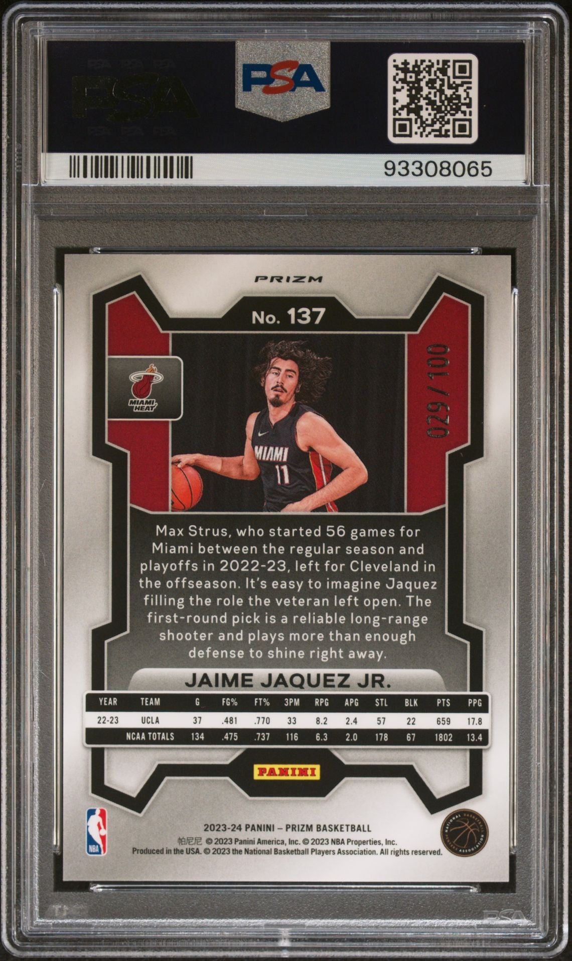 2023-24 Panini Prizm #137 Jamie Jaquez JR Rookie Card Red Fastbreak Prizm 029/100 PSA10 Gem Mint