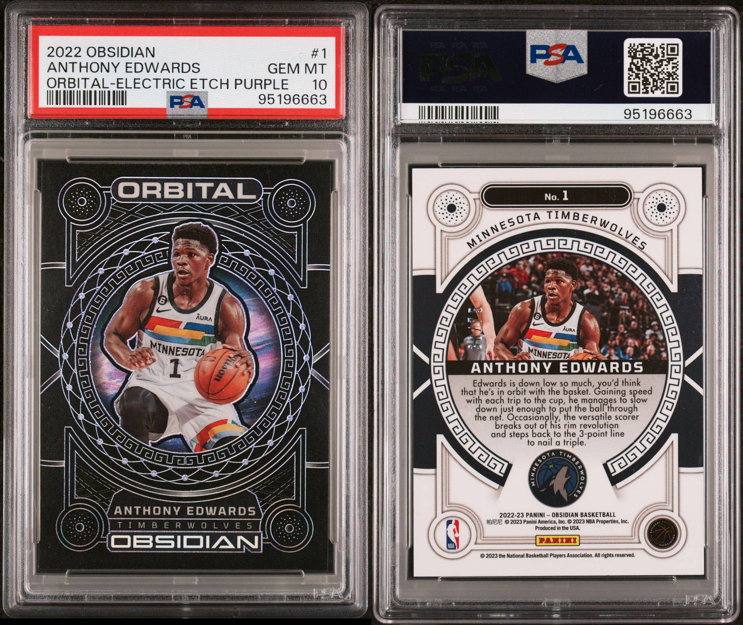 2022-23 Panini Obsidian #1 Anthony Edwards Orbital Purple Etch 30/75 PSA10 Gem Mint