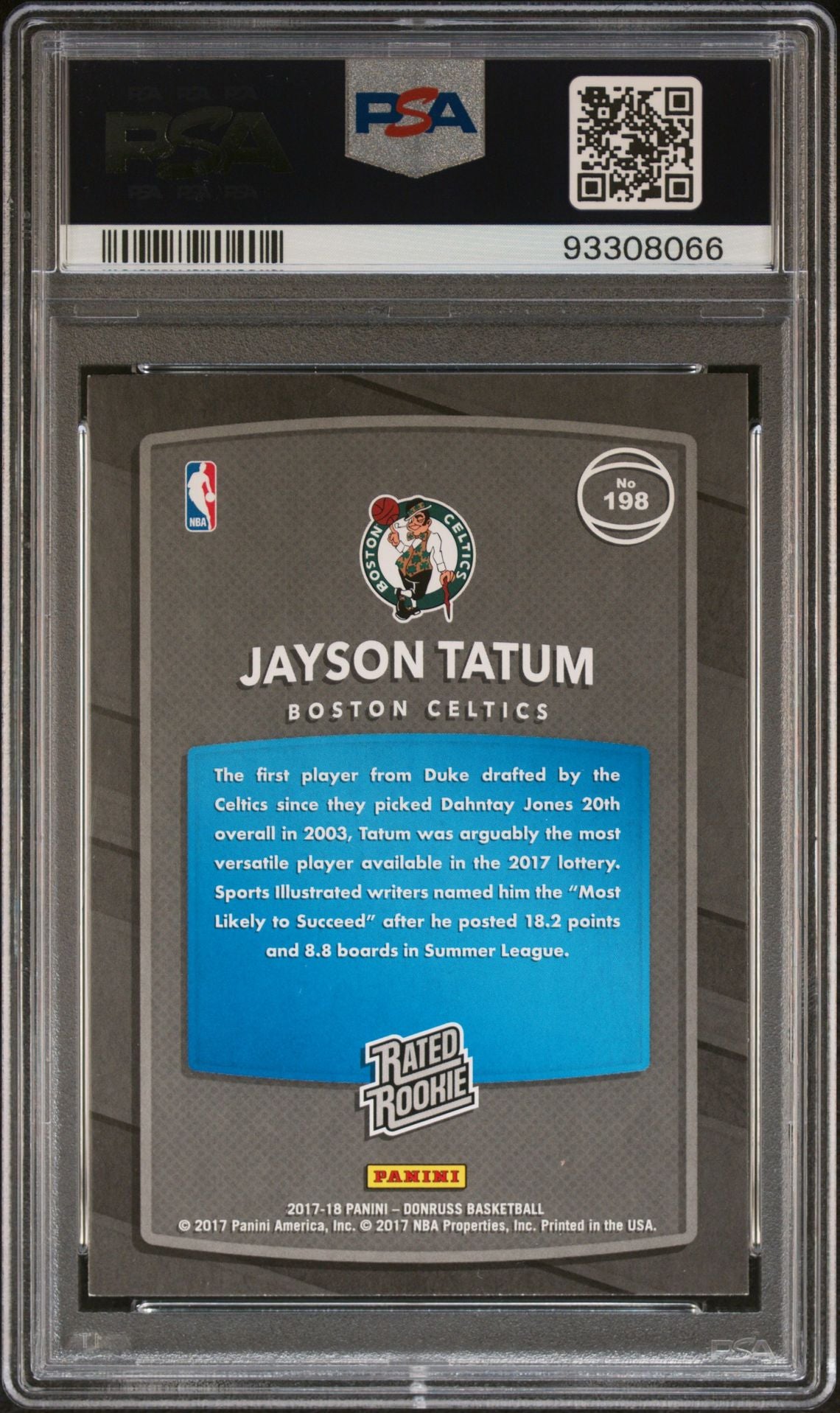 2017-18 Panini Donruss #198 Jayson Tatum Rookie Card Rated Rookie PSA9 Mint