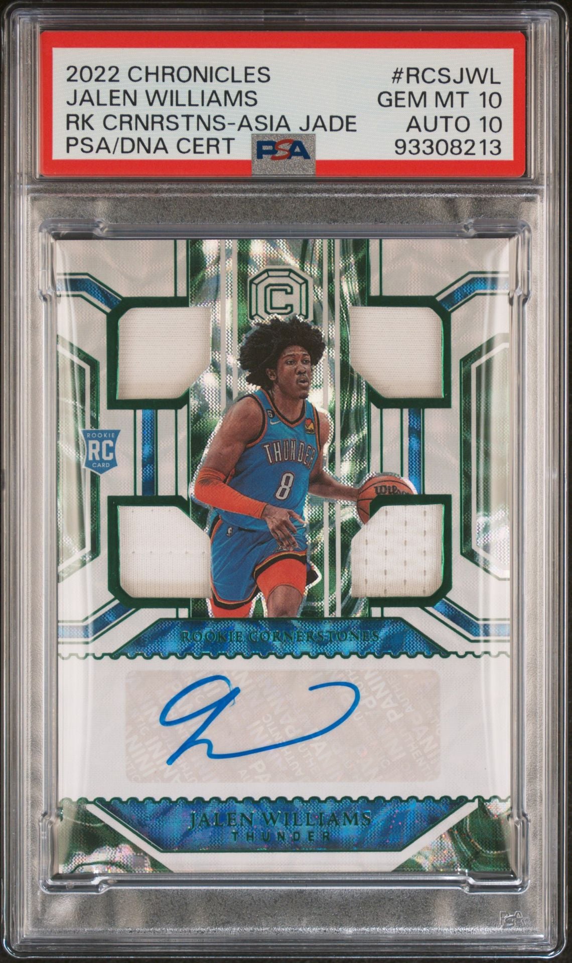 2022-23 Panini Chronicles Cornerstones #RCS-JWL Jalen Williams Rookie Cornerstones Asia Jade Patch Autograph PSA10 Auto