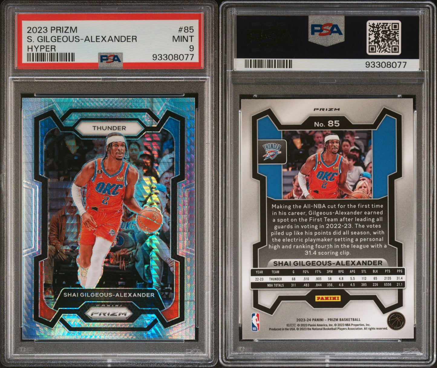 2023-24 Panini Prizm #85 Shai Gilgeous-Alexander Silver Hyper Prizm PSA9 Mint