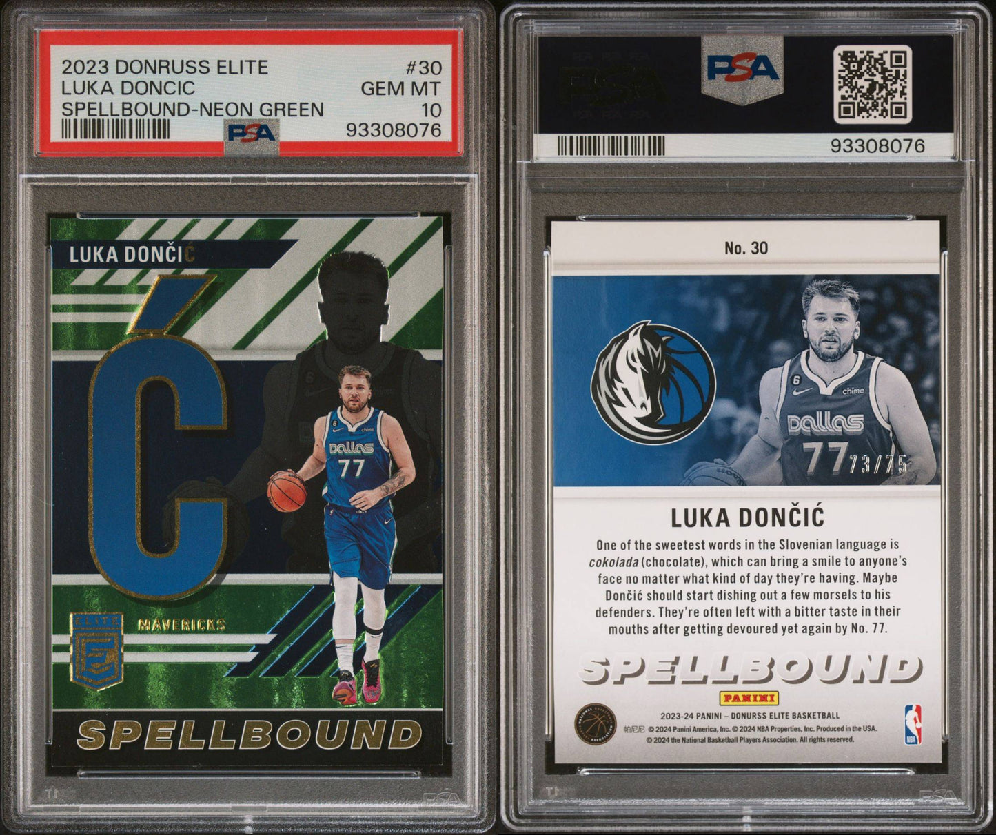 2023-24 Panini Donruss Elite #30 Luka Doncic Spellbound Green C 73/75 PSA10 Gem Mint