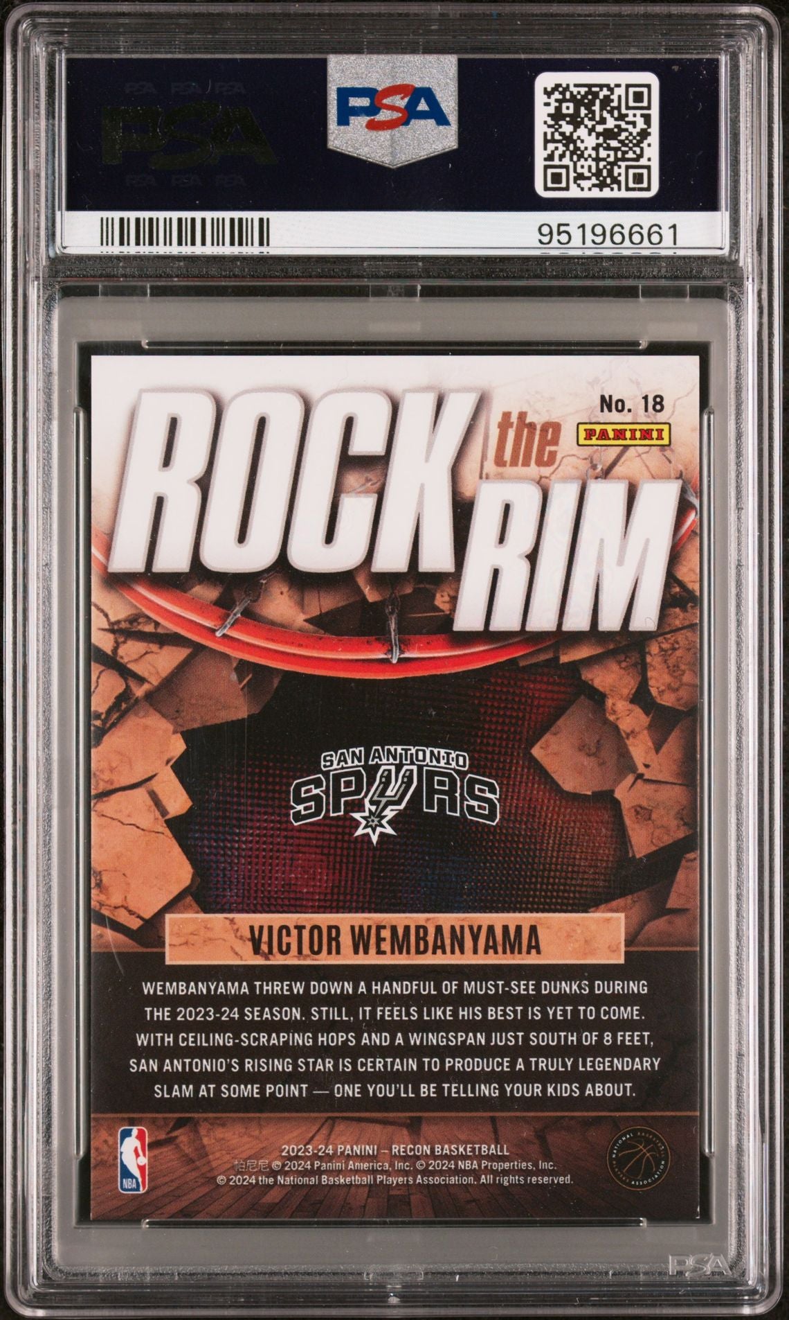 2023-24 Panini Recon #18 Victor Wembanyama Rock The Rim Holo PSA8 NM-MT