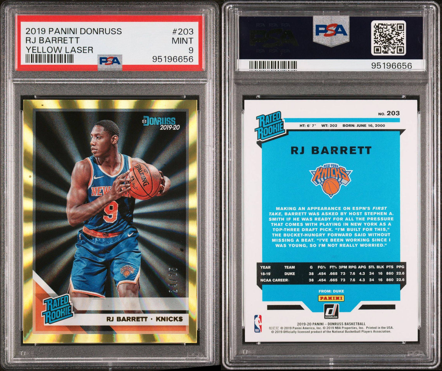 2019-20 Panini Donruss #203 RJ Barrett Rookie Card Rated Rookie Yellow Laser Prizm 24/25 PSA9 Mint