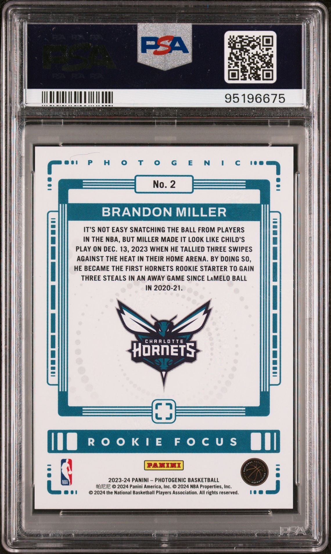 2023-24 Panini Photogenic #2 Brandon Miller Rookie Focus PSA9 Mint