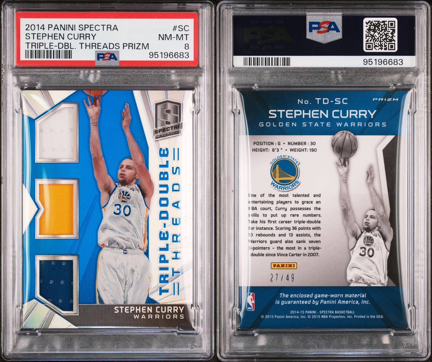 2014-15 Panini Spectra #TD-SC Stephen Curry Triple-Double Threads Triple Game Worn Patches 27/49 PSA8 NM-MT