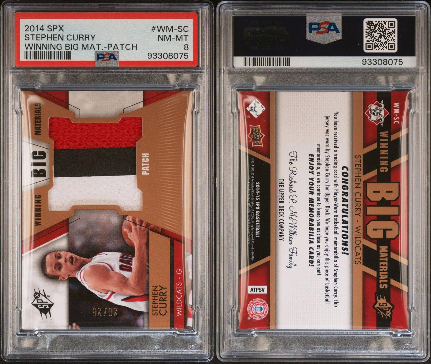 2014-15 SPX #WM-SC Stephen Curry Winning Big Materials Game Worn Patch 20/25 PSA8 Near Mint