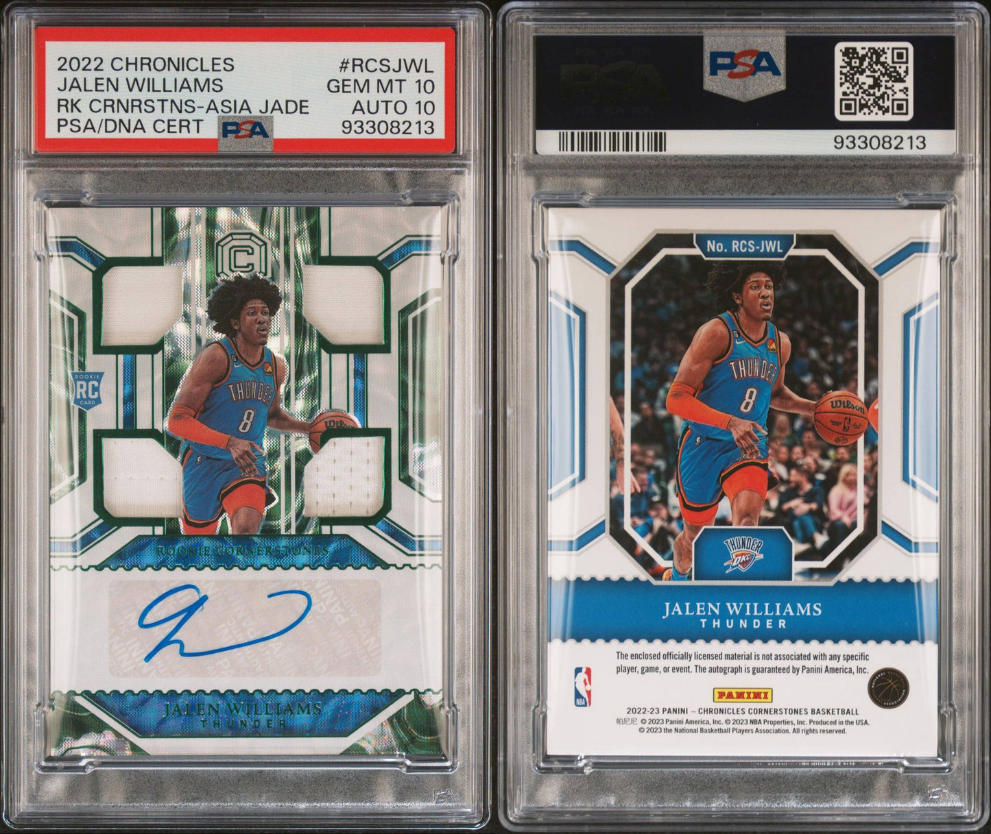 2022-23 Panini Chronicles Cornerstones #RCS-JWL Jalen Williams Rookie Cornerstones Asia Jade Patch Autograph PSA10 Auto