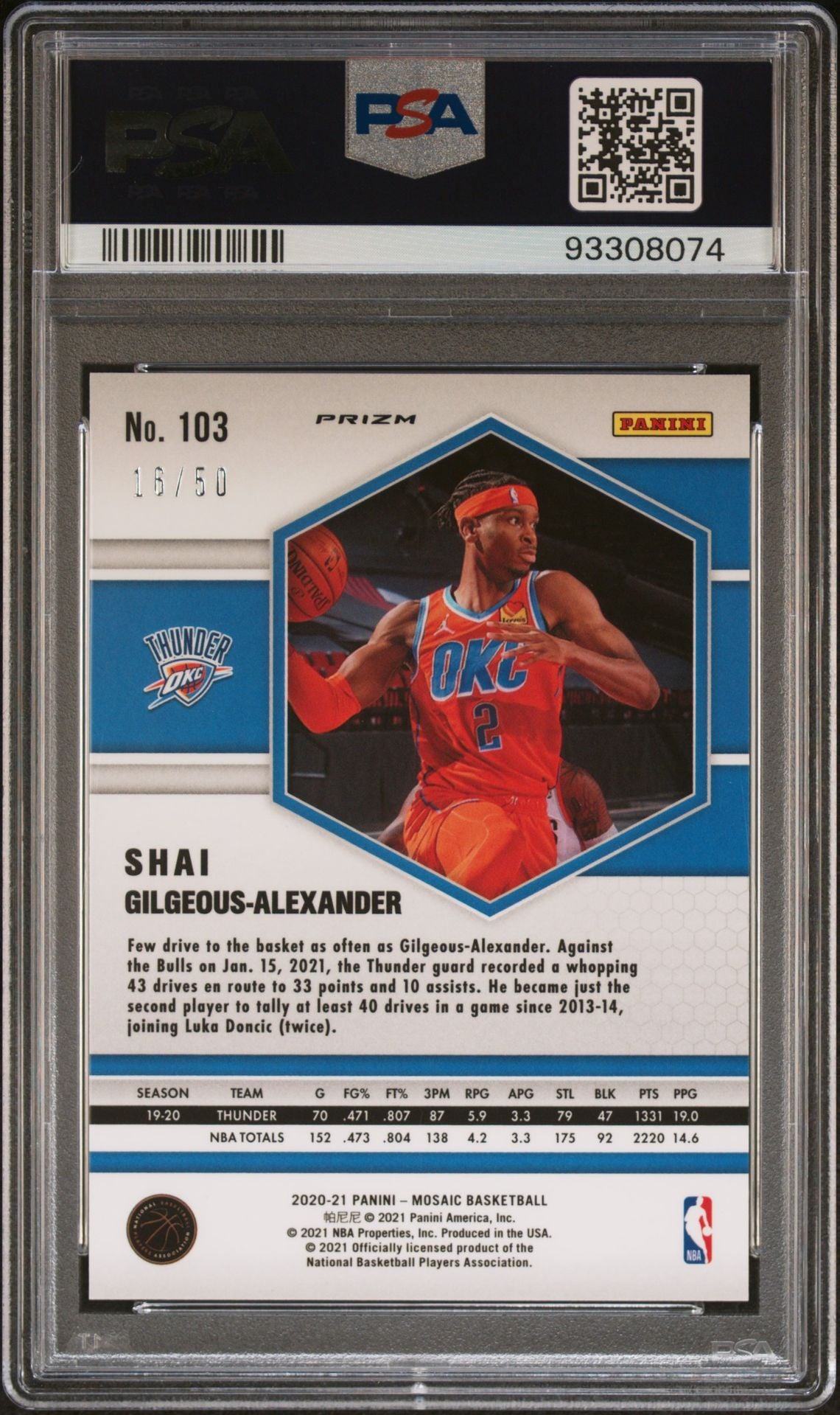 2020-21 Panini Mosaic #103 Shai Gilgeous-Alexander Fastbreak Prizm 16/50 PSA10 Gem Mint